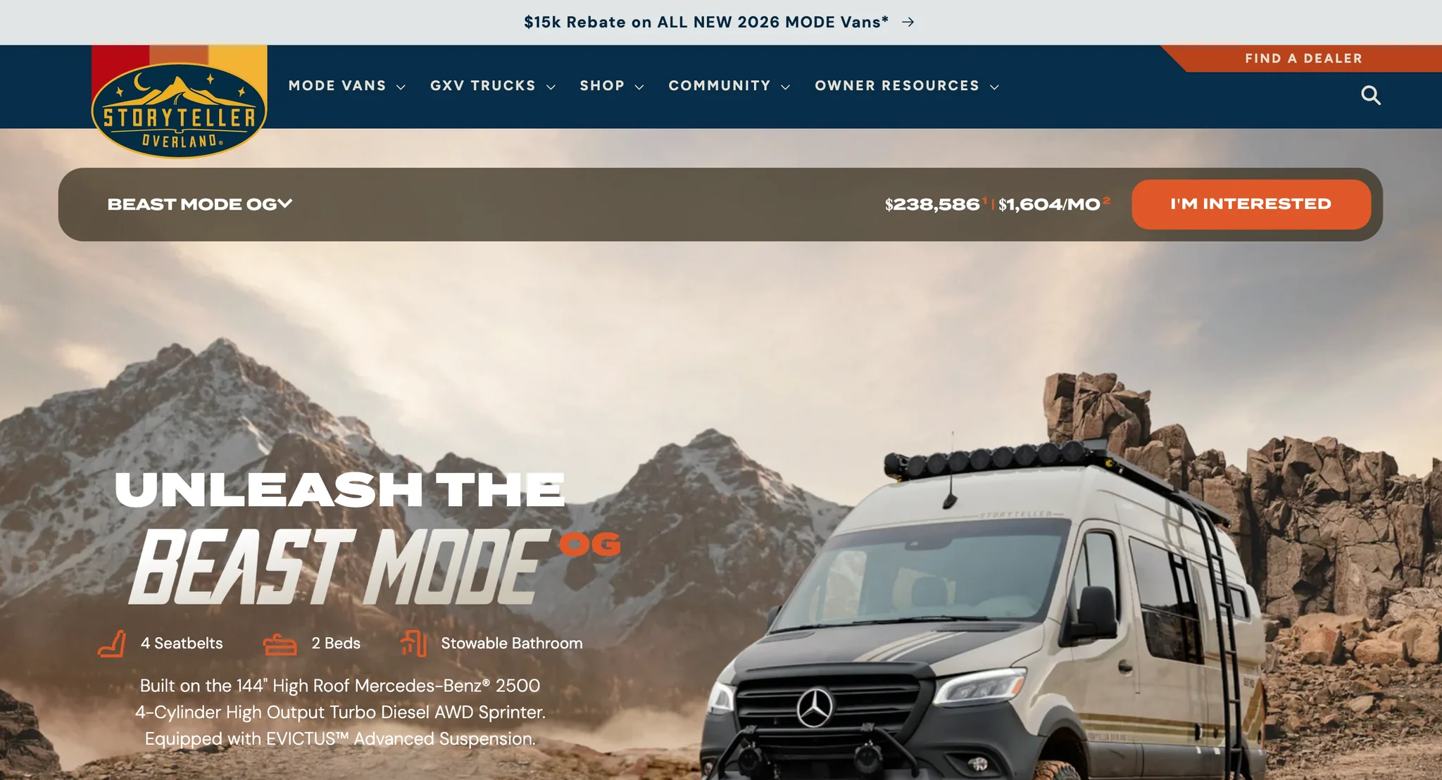 Beast MODE OG page hero with the van on rocky mountain terrain and the headline Unleash the Beast Mode