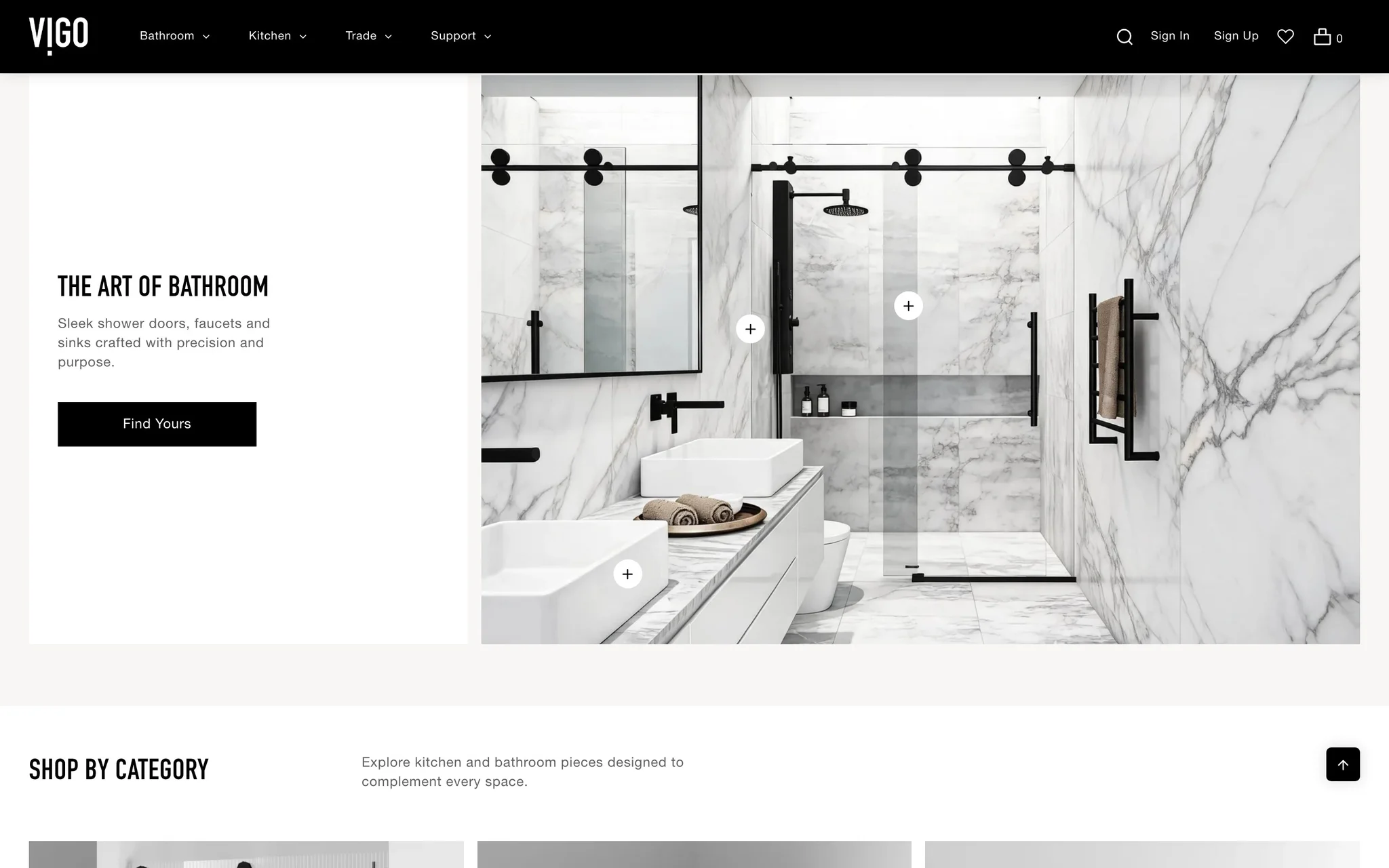 VIGO homepage section The Art of Bathroom with a marble bathroom photo, black shower door hardware and clickable product hotspots.