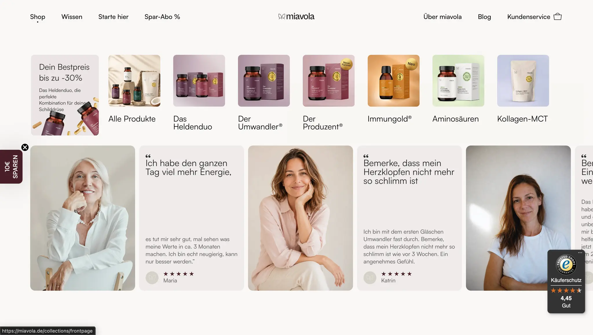 miavola collection tiles for each product line, above a customer testimonial carousel with five-star reviews and portrait photos.