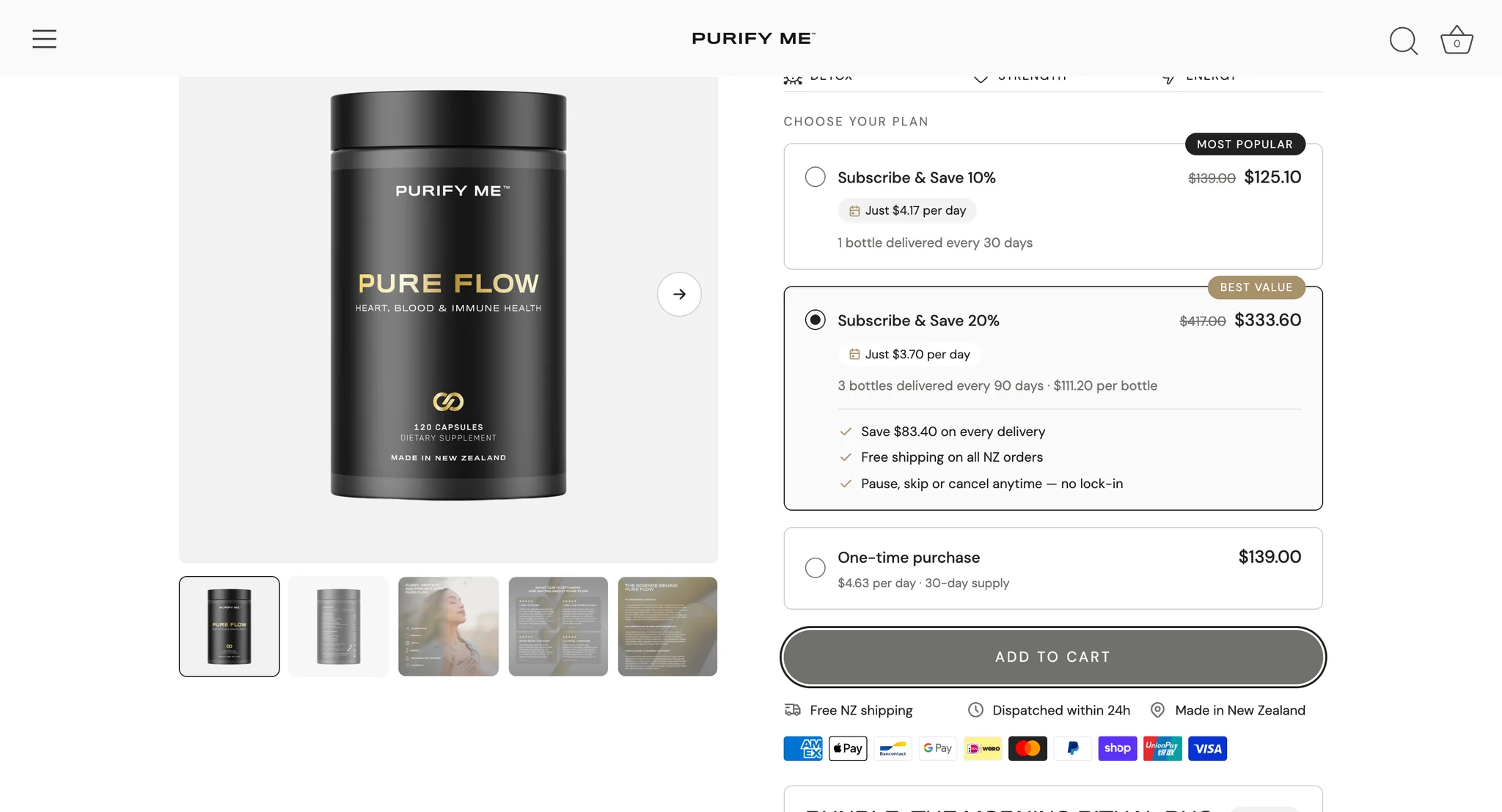 Plan picker with Subscribe and Save 20% selected for three bottles every 90 days, next to Subscribe and Save 10% and a one-time purchase