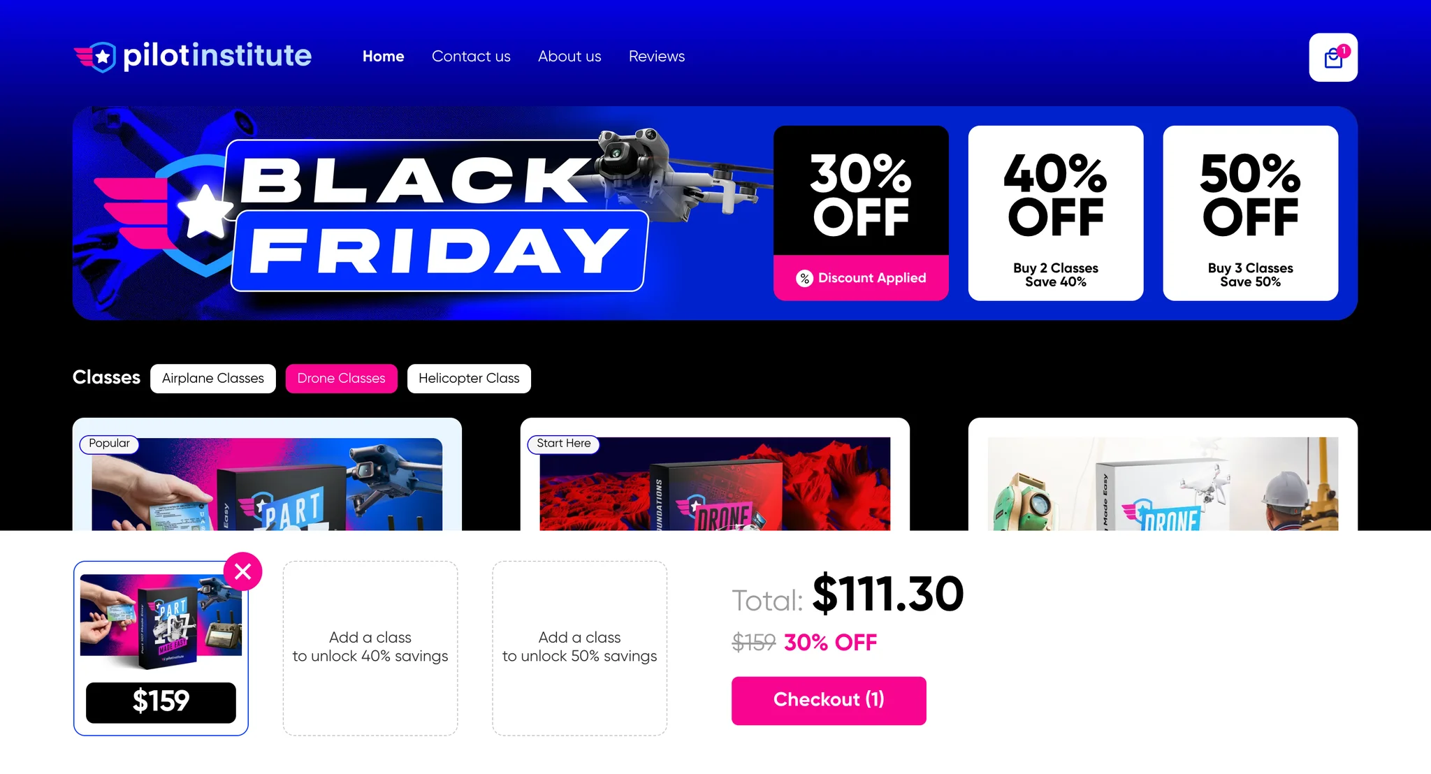 One class in the cart: the 30% tier card turns black with a Discount Applied bar and the cart bar shows a total of $111.30, down from $159