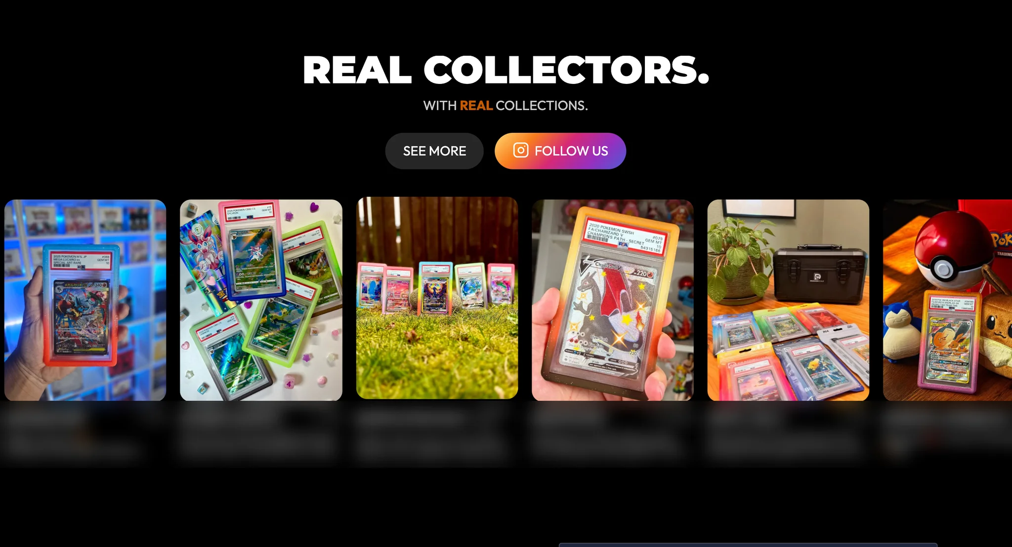 "Real collectors. With real collections." slider on the Mythic guard page, with See More and Follow Us buttons over customer photos of guarded slabs held in hand, standing on grass, laid out beside a storage case and posed with a Snorlax plush, with the collector details below blurred