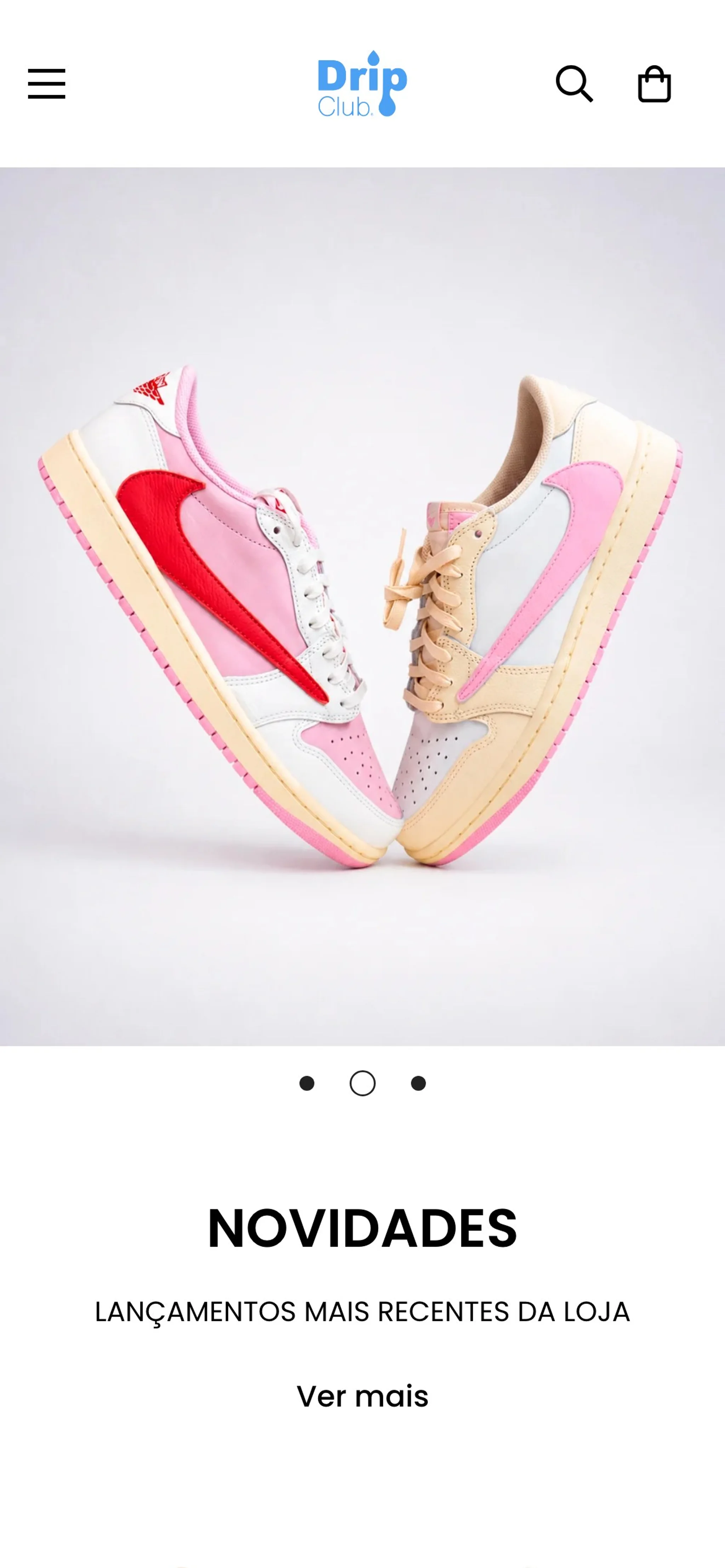 DripClub mobile homepage with a compact header, Air Jordan hero slide and the new arrivals heading.