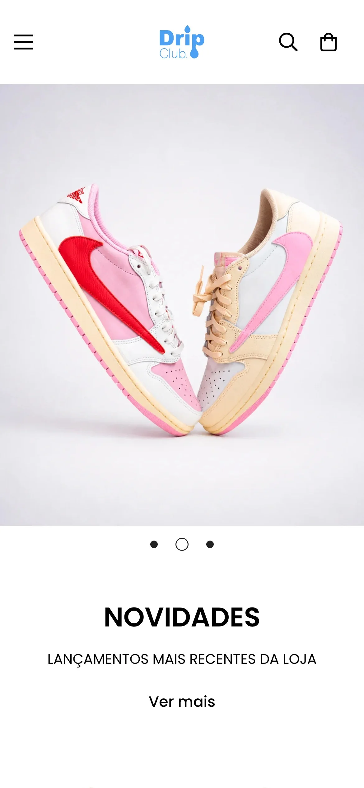 DripClub mobile homepage with a compact header, Air Jordan hero slide and the new arrivals heading.