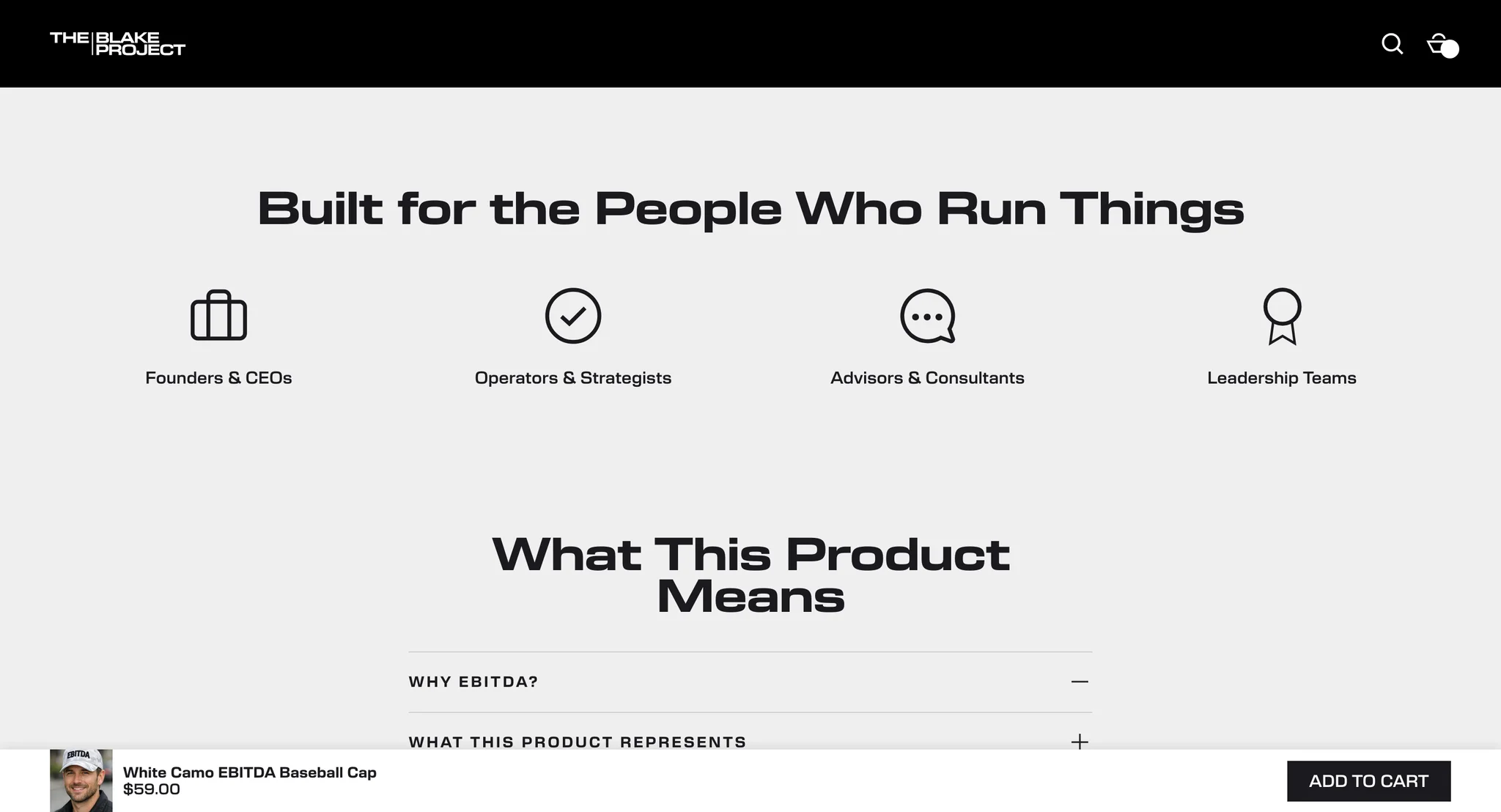 "Built for the People Who Run Things" icons for founders, operators, advisors and leadership teams, above the "What This Product Means" accordion