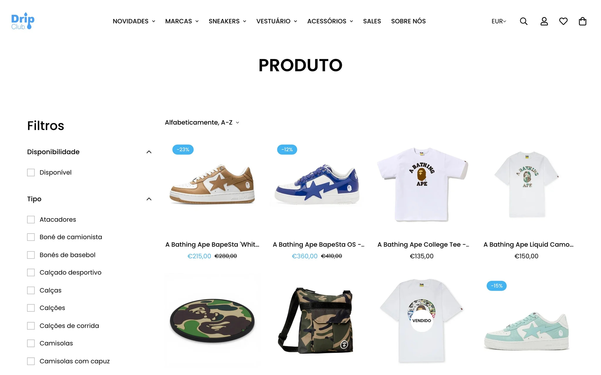 DripClub collection page with availability and product type filters beside a grid of A Bathing Ape sneakers and tees.