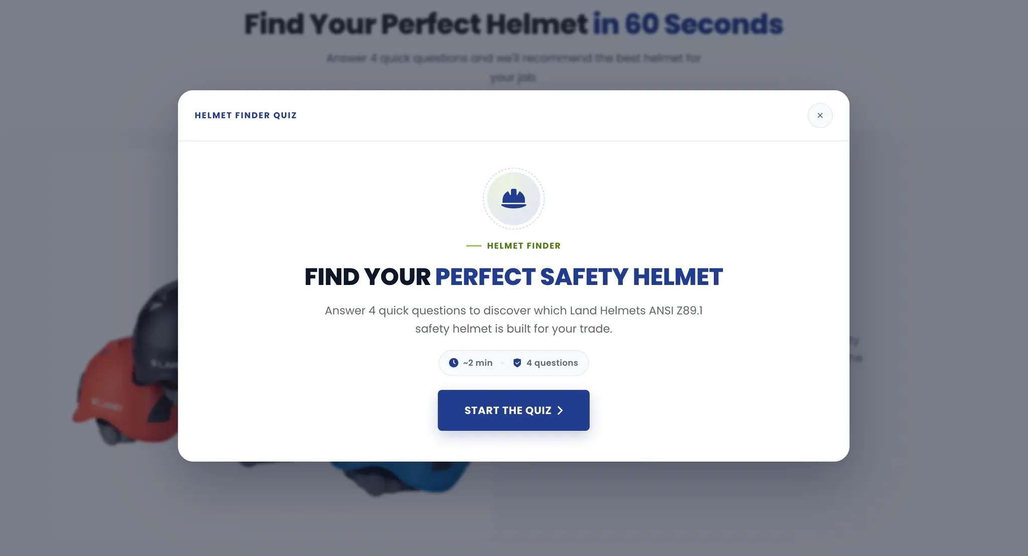 LAND Helmets Helmet Finder quiz intro inviting visitors to answer four questions to find the right ANSI Z89.1 safety helmet for their trade