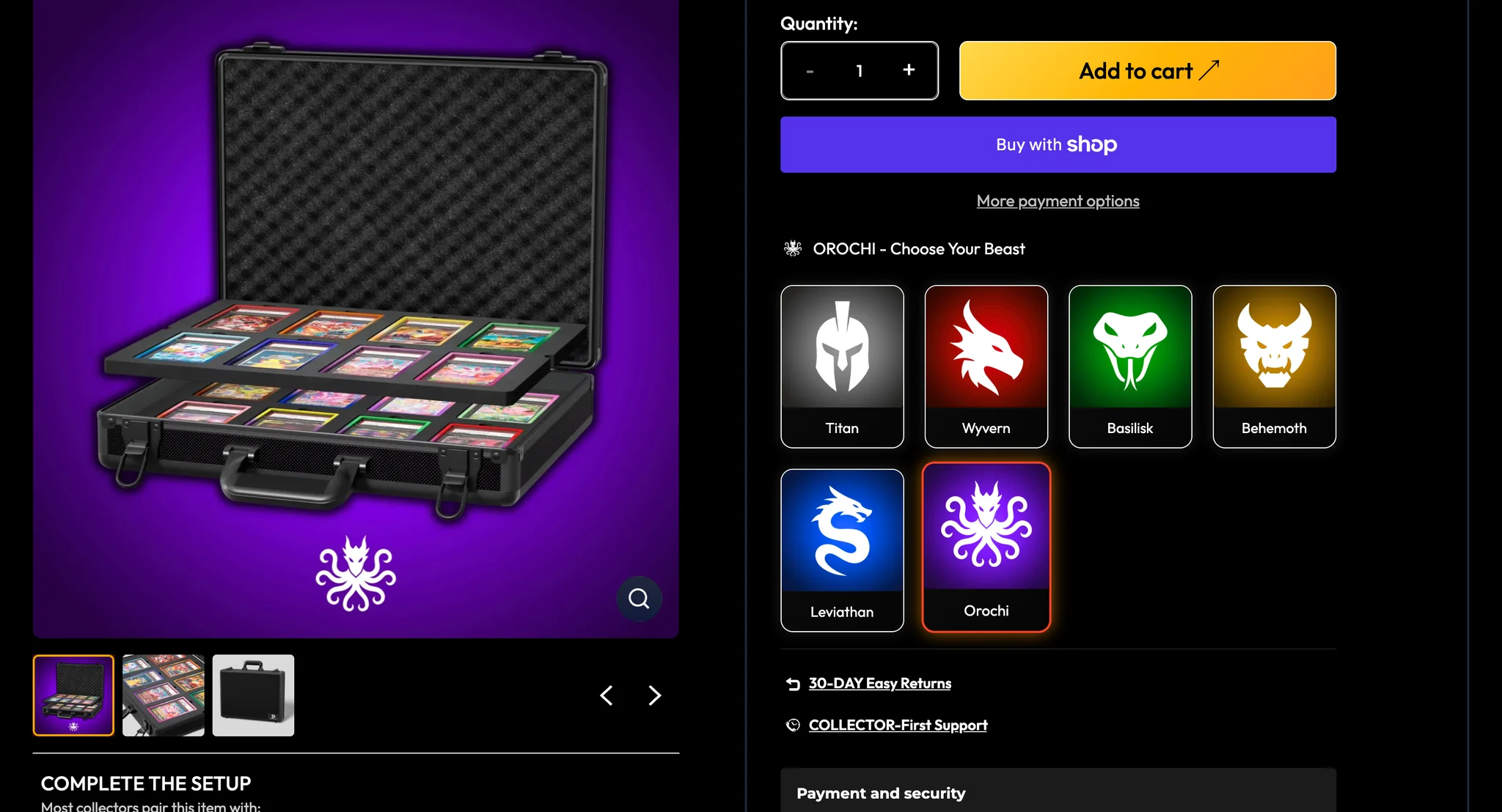 Orochi product page: an open black display case with two foam layers of guarded slabs on a purple backdrop with a hydra mark, beside a Choose Your Beast selector with Titan, Wyvern, Basilisk, Behemoth, Leviathan and Orochi tiles, Orochi outlined in orange