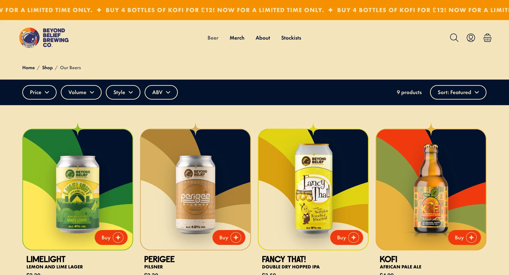 Our Beers collection with Price, Volume, Style and ABV filters above a grid of beer cards
