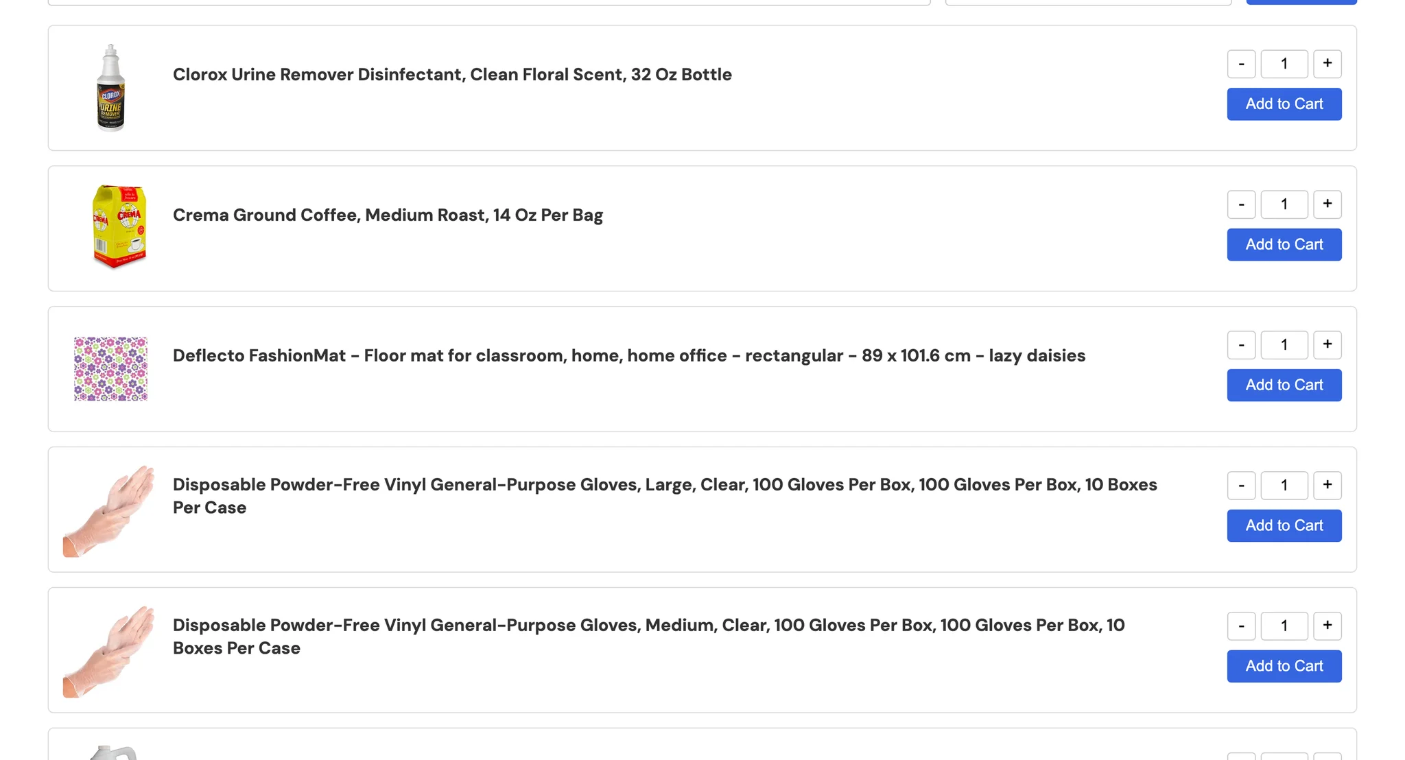 Quick order list rows for cleaners, coffee, floor mats and gloves, each with a quantity stepper and an Add to Cart button