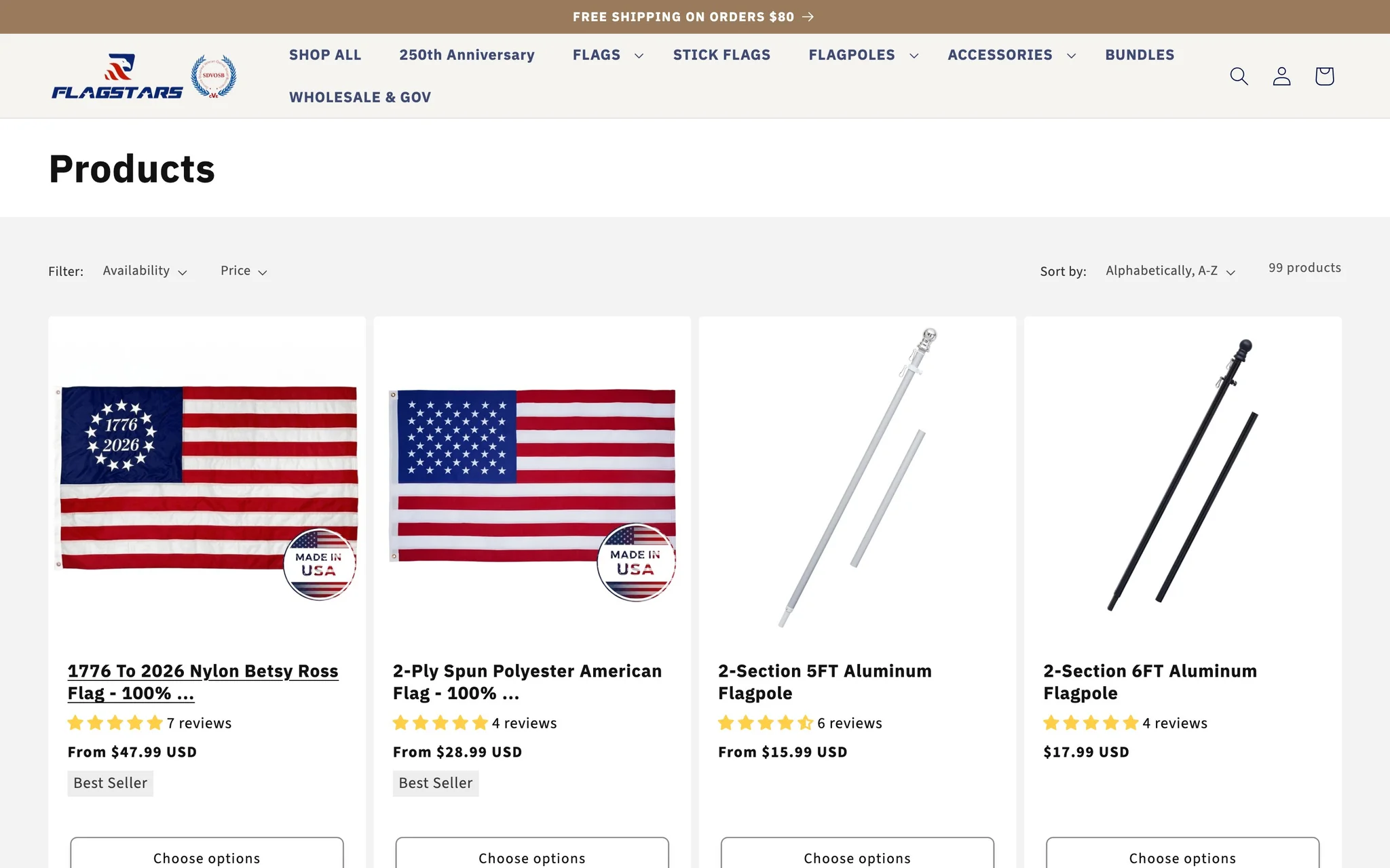 FlagStars products collection with availability and price filters, sorting, star ratings and Best Seller badges.