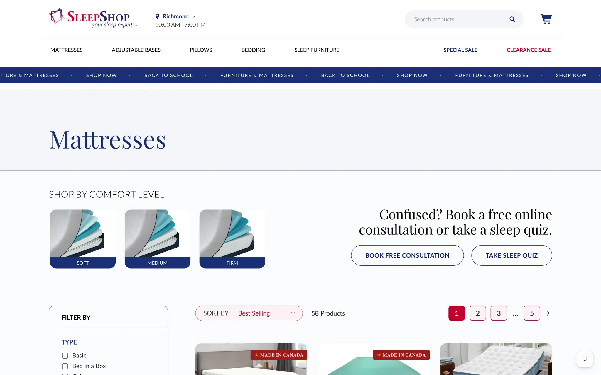 Sleep Shop Mattresses collection page with soft, medium and firm comfort-level tiles, a free-consultation prompt, and a filterable product listing of 58 products.