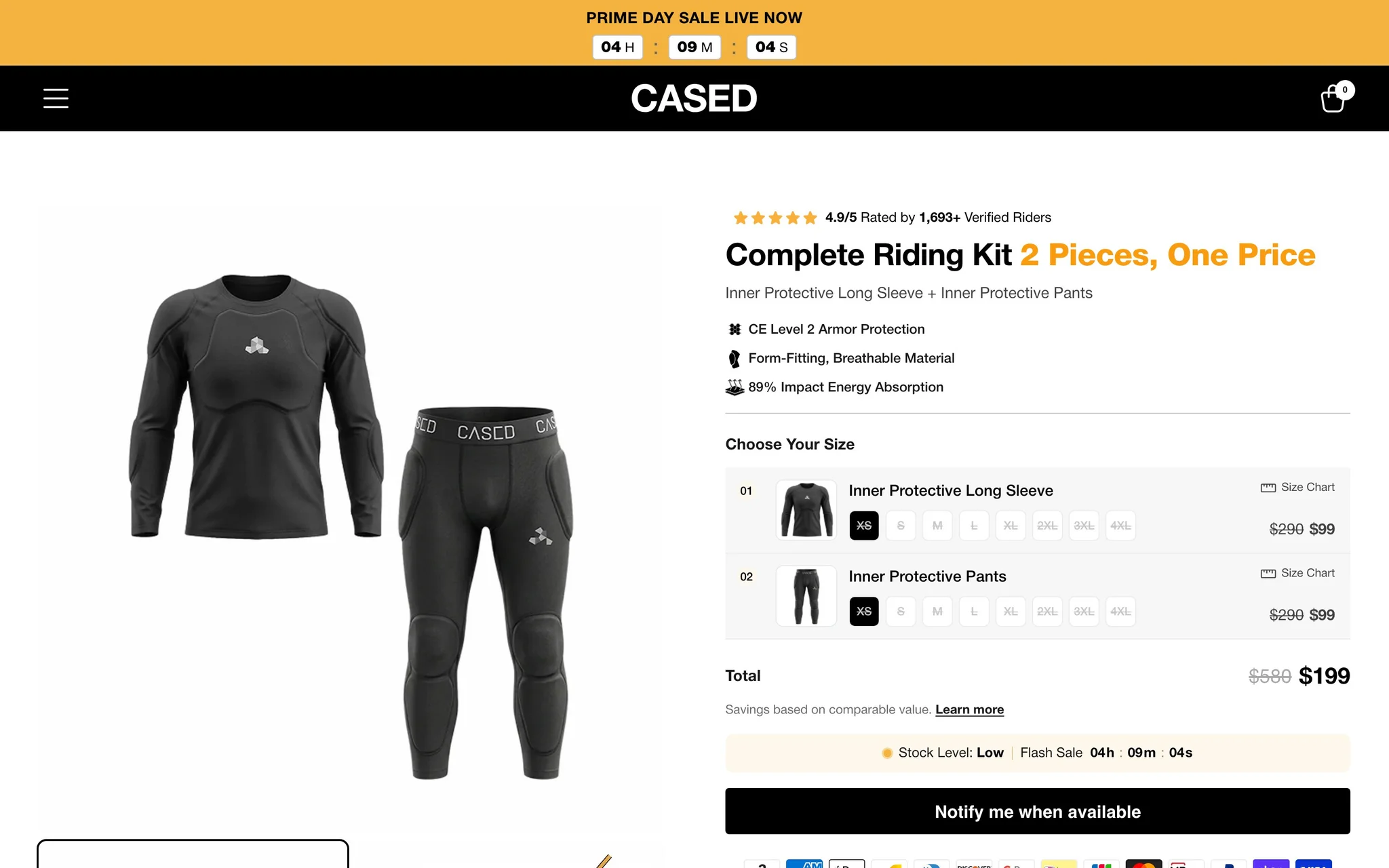Cased Complete Riding Kit product page with per-item size selectors, key protection features and the bundle total.