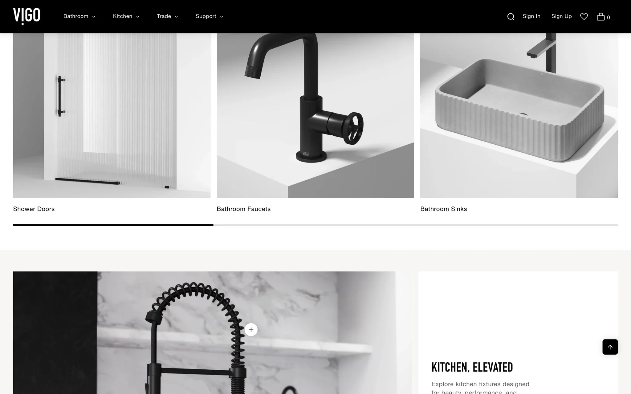 VIGO Shop by Category carousel with shower doors, bathroom faucets and bathroom sinks.