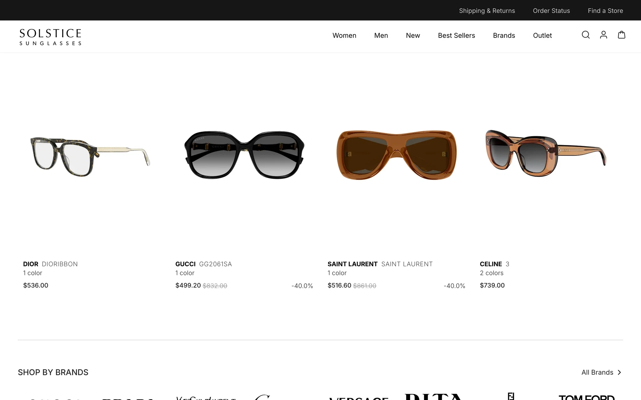 Solstice Sunglasses New Arrivals carousel showing Dior, Gucci, Saint Laurent and Celine frames, two with 40% off pricing, above the Shop by Brands strip.