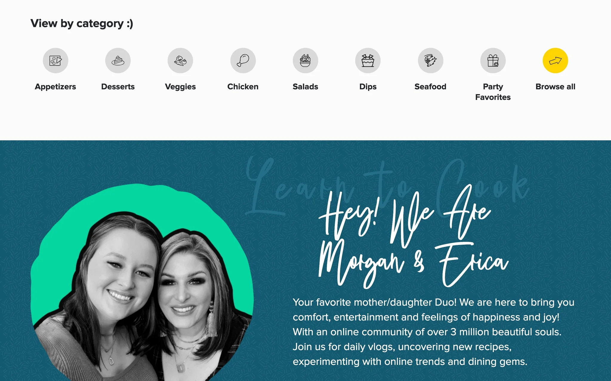 Cook It Erica category icon grid above the teal About section introducing Morgan and Erica.