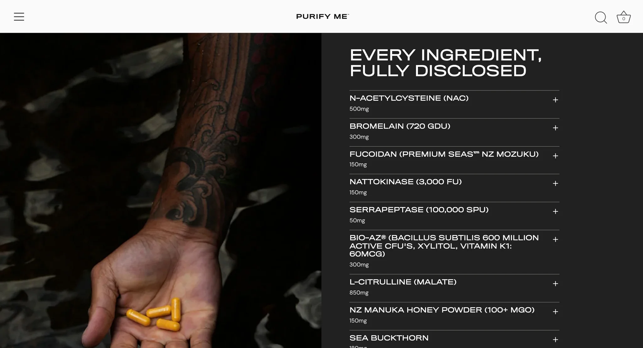 "Every ingredient, fully disclosed" accordion listing Pure Flow ingredients and doses beside a hand holding golden capsules