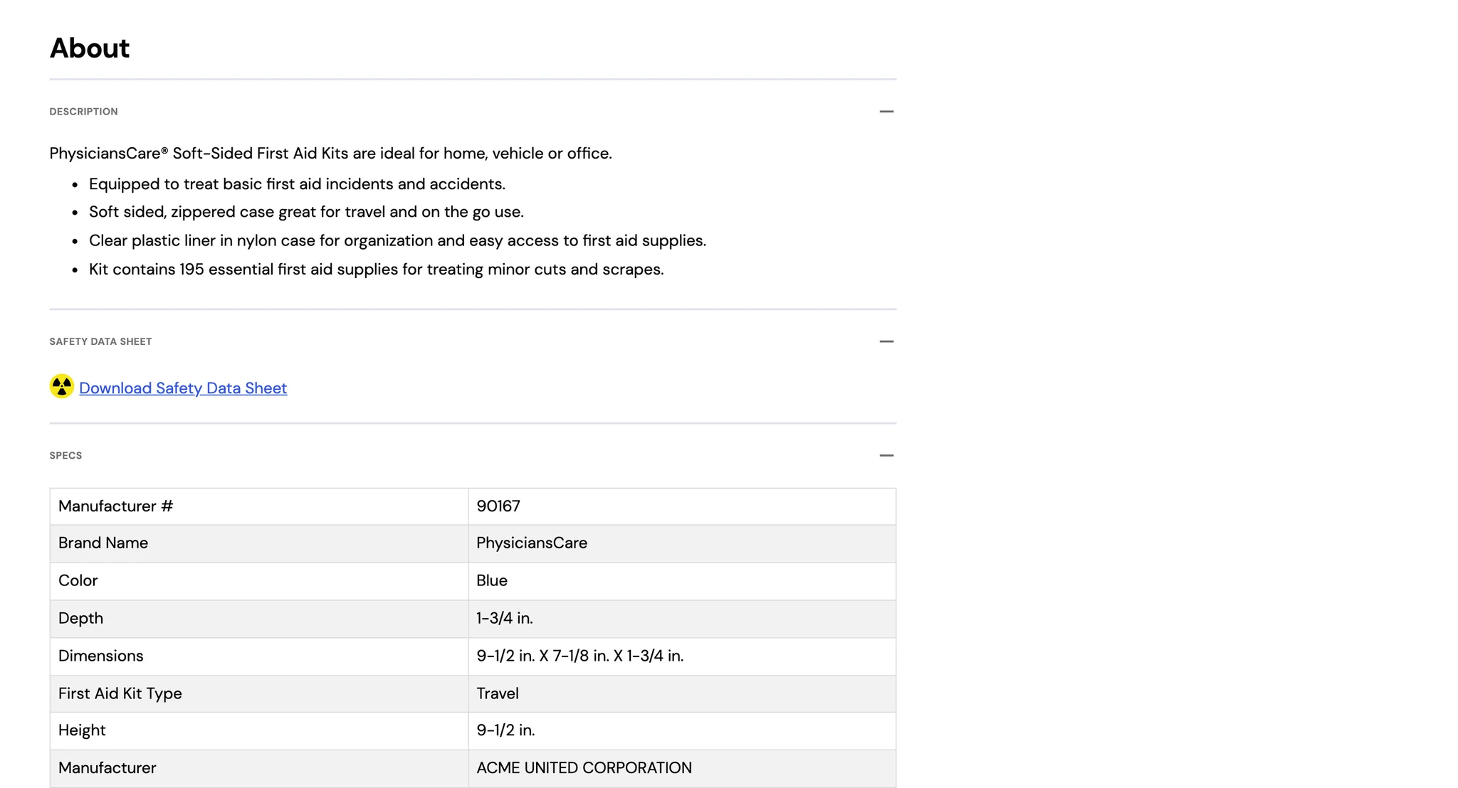 About section of the first aid kit page with the description, a "Download Safety Data Sheet" link and a specs table starting with the manufacturer number