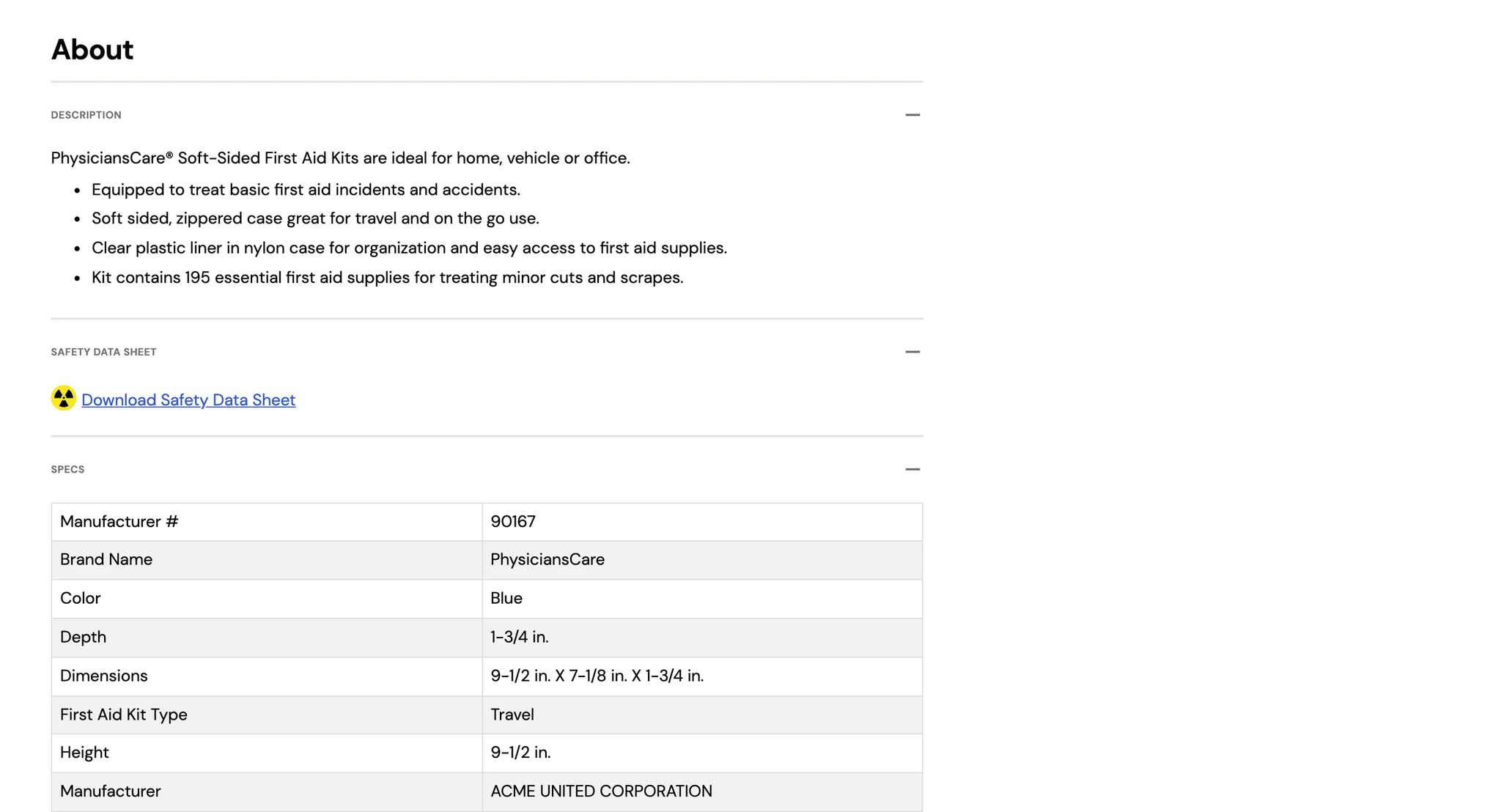 About section of the first aid kit page with the description, a "Download Safety Data Sheet" link and a specs table starting with the manufacturer number