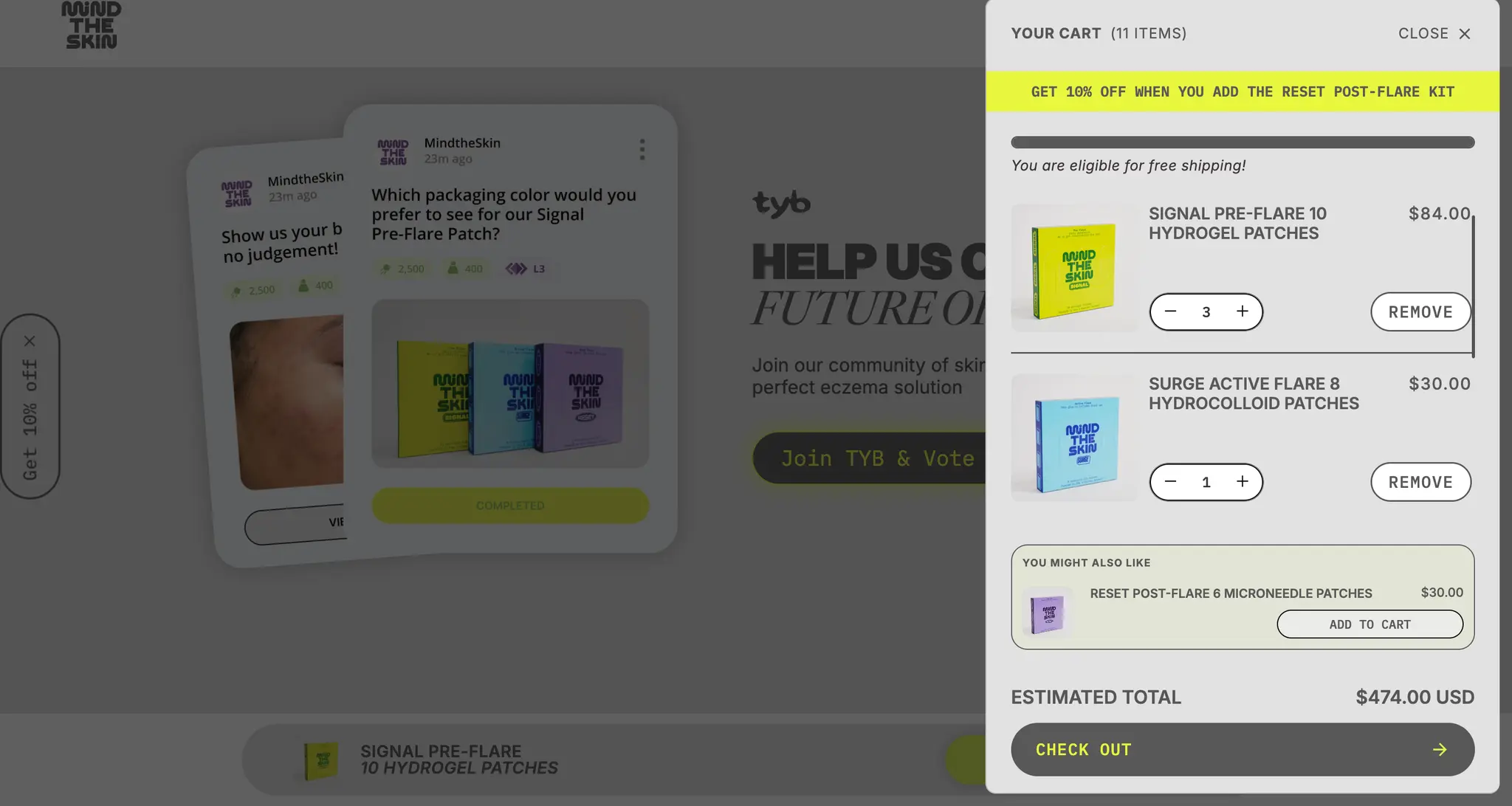 Mind The Skin cart drawer open over the TYB community section, listing two patch products with quantity steppers, a free-shipping and 10% off banner, a cross-sell and a $474 total.