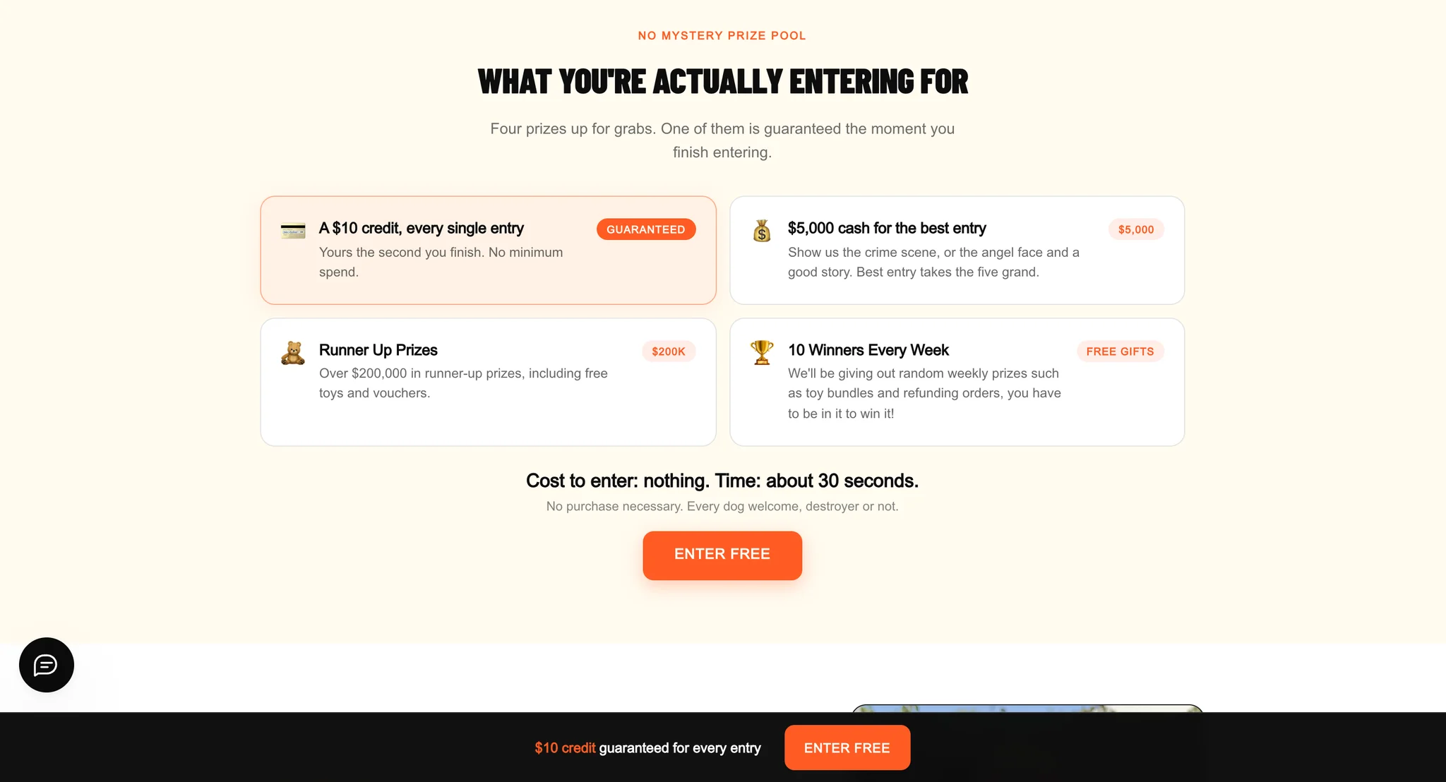 "What you're actually entering for" section with prize cards for a $10 credit on every entry, $5,000 cash for the best entry, runner-up prizes and ten winners every week