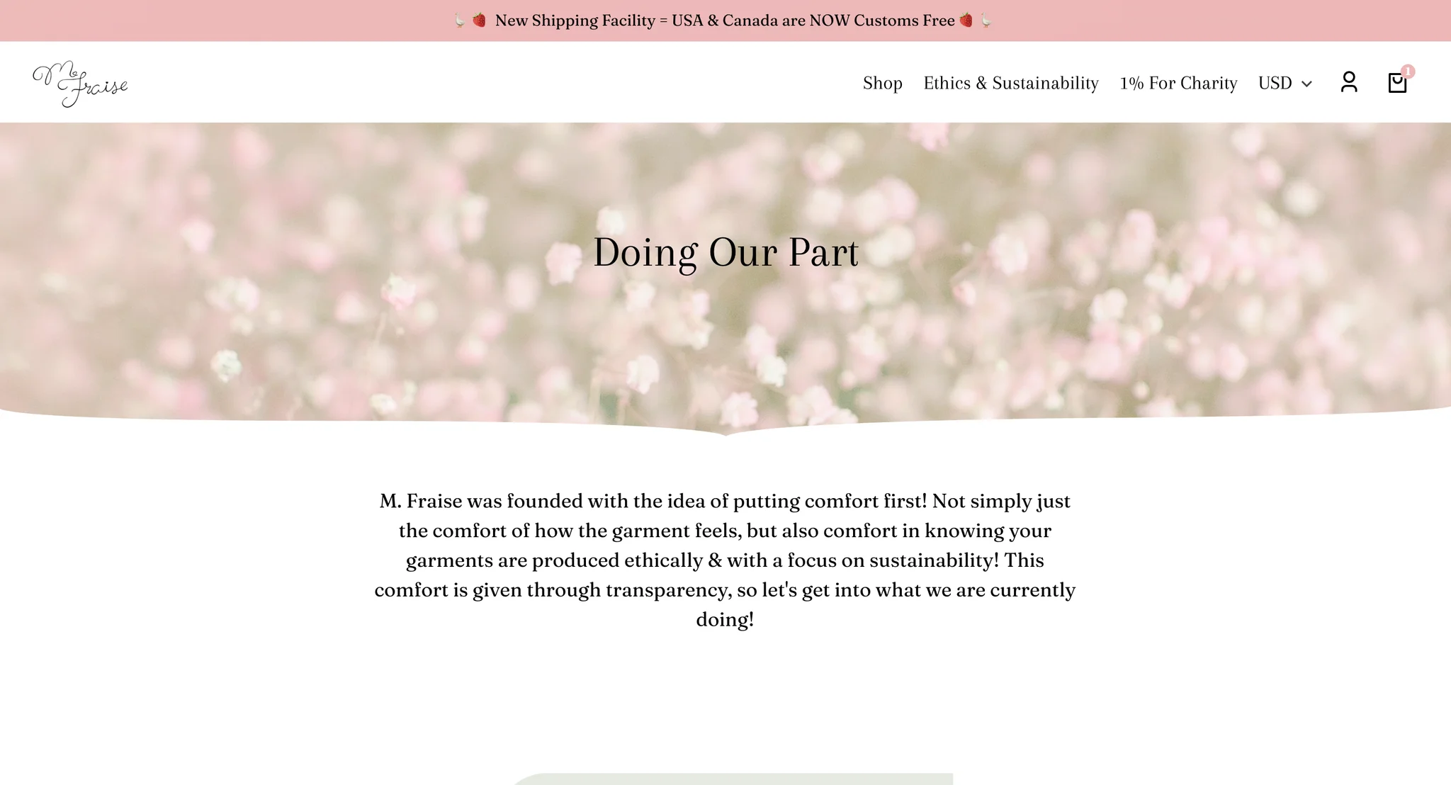 Ethics & Sustainability page banner "Doing Our Part" over soft pink baby's breath flowers, above the brand's intro on putting comfort first