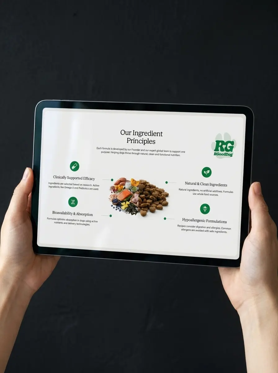 Hands holding a tablet showing the RGoodDog "Our Ingredient Principles" page, with four benefit callouts arranged around a spread of whole-food dog nutrition ingredients.
