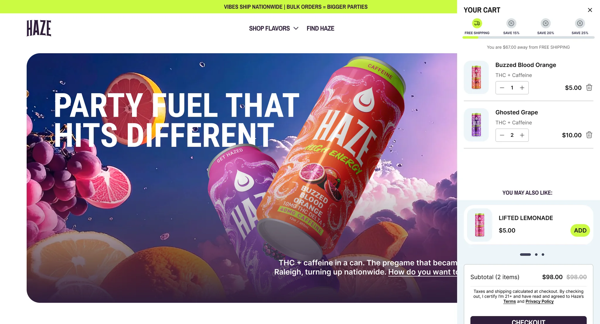 Slide cart open over the homepage with a free shipping and save 15%, 20% and 25% progress bar, two cans in the cart and a "You may also like" add-on