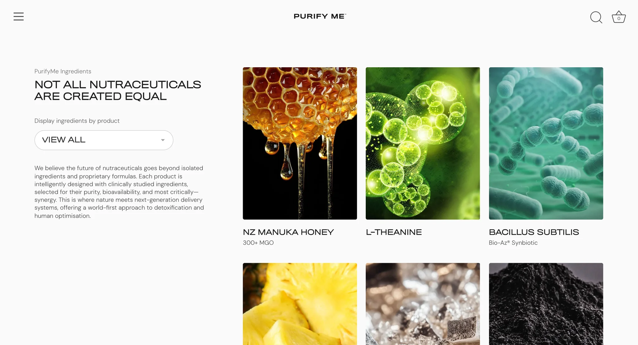 Ingredients page with a product filter and a grid of ingredient photos: NZ manuka honey, L-theanine and Bacillus subtilis