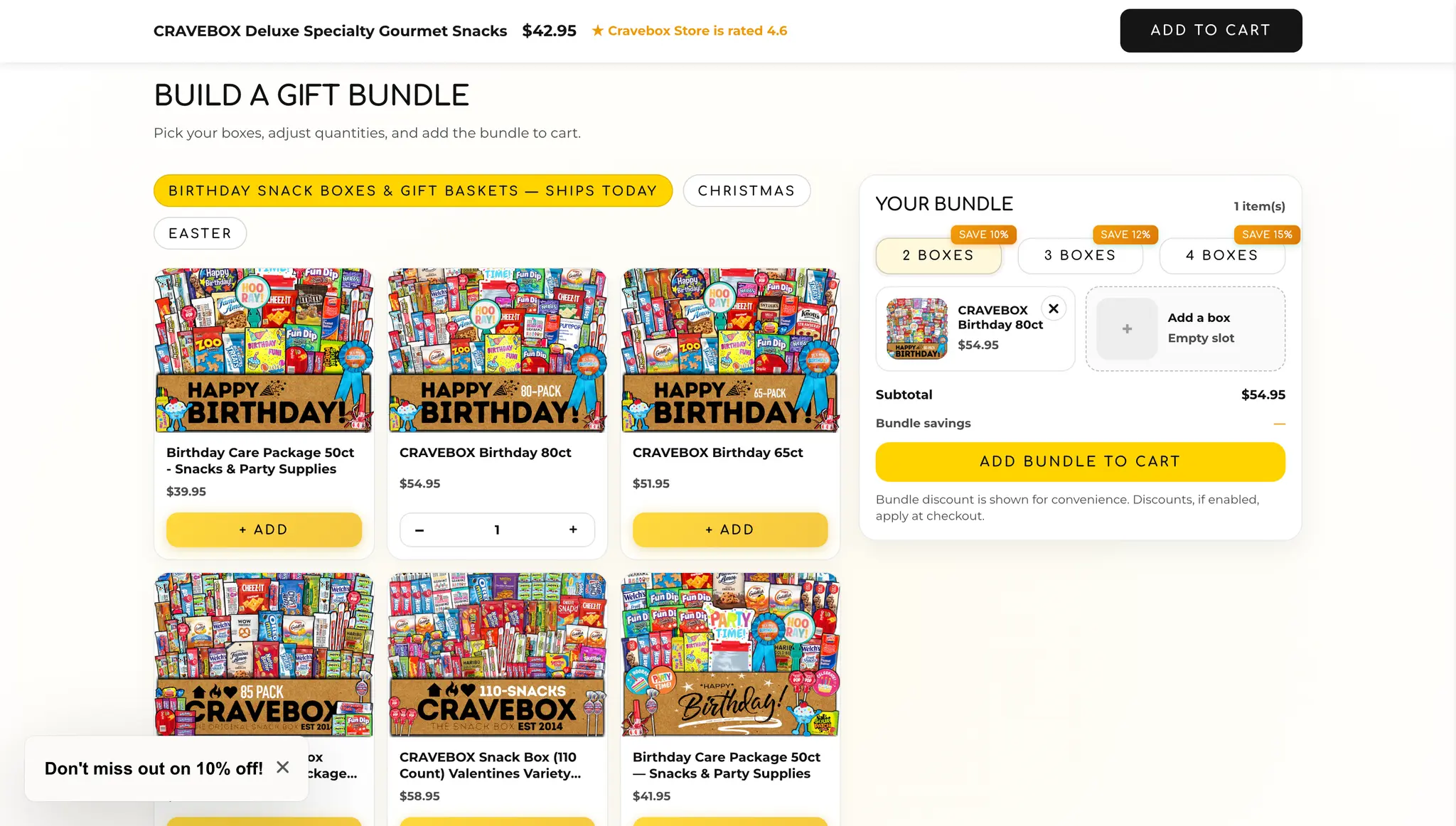 CraveBox homepage hero on desktop featuring curated snack boxes and gifting, built by EVDEV on Shopify