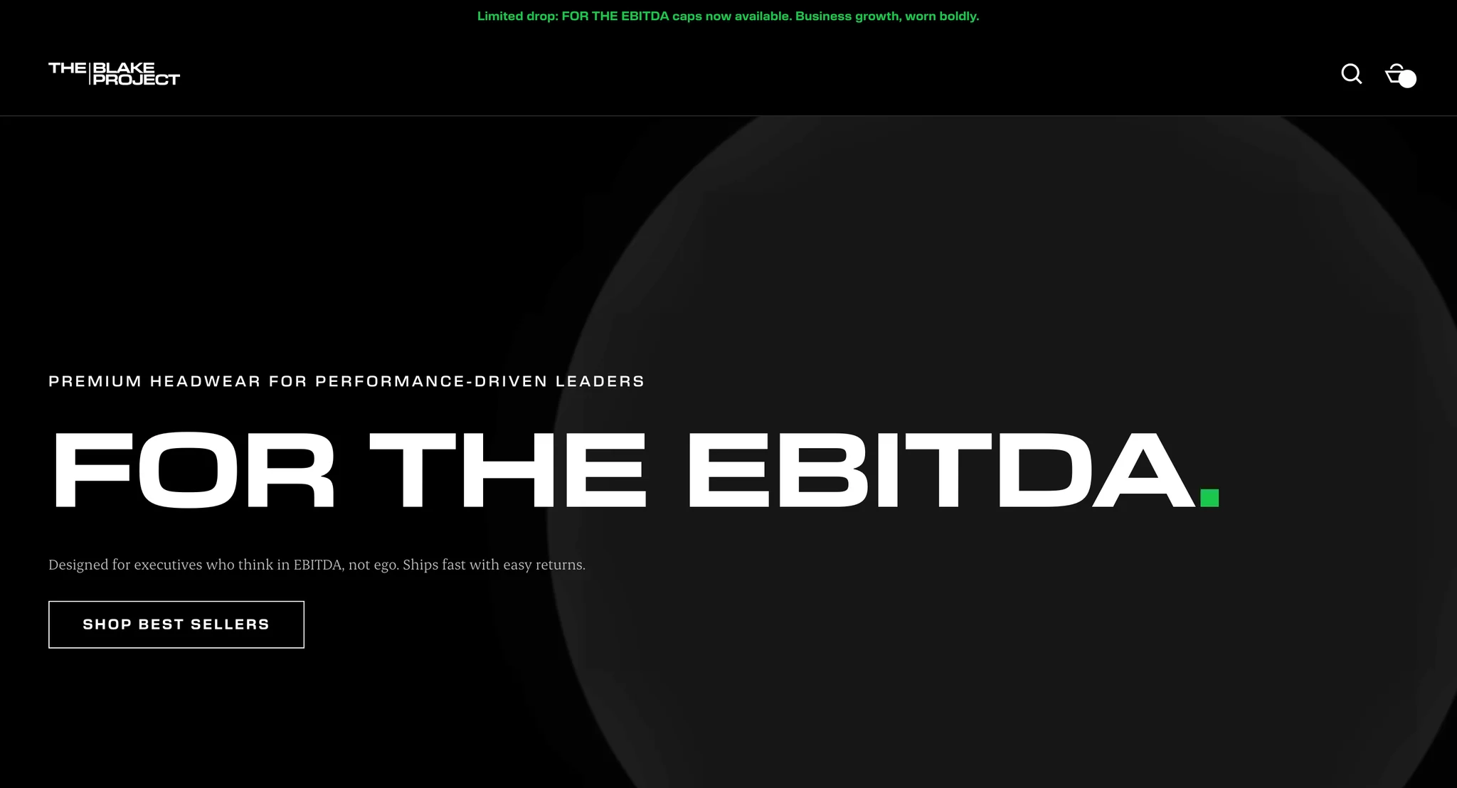 For The EBITDA homepage hero: the wordmark FOR THE EBITDA with a green full stop over two soft circles, under a green "Limited drop" announcement bar