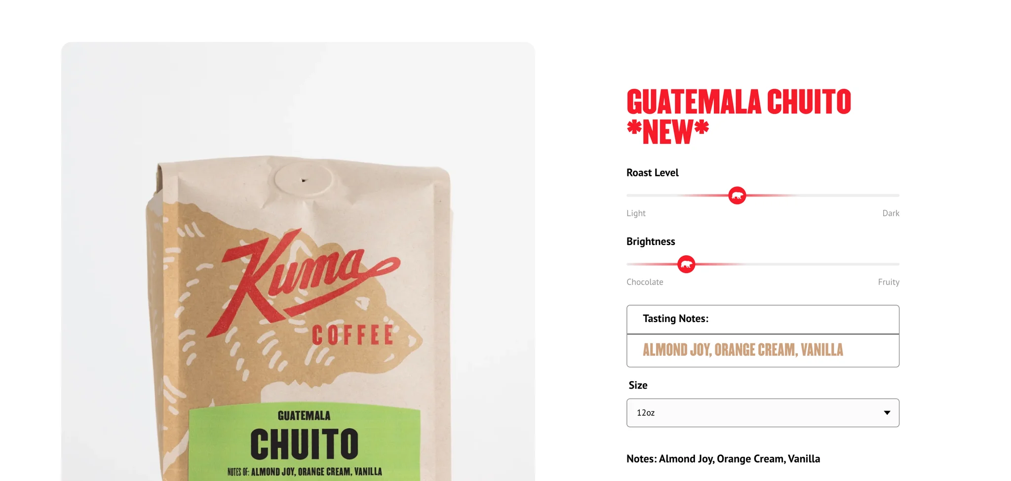Featured coffee section with a Guatemala Chuito bag, the red product title, Roast Level and Brightness meters with red markers showing a white bear, a Tasting Notes box reading Almond Joy, Orange Cream, Vanilla and a Size dropdown
