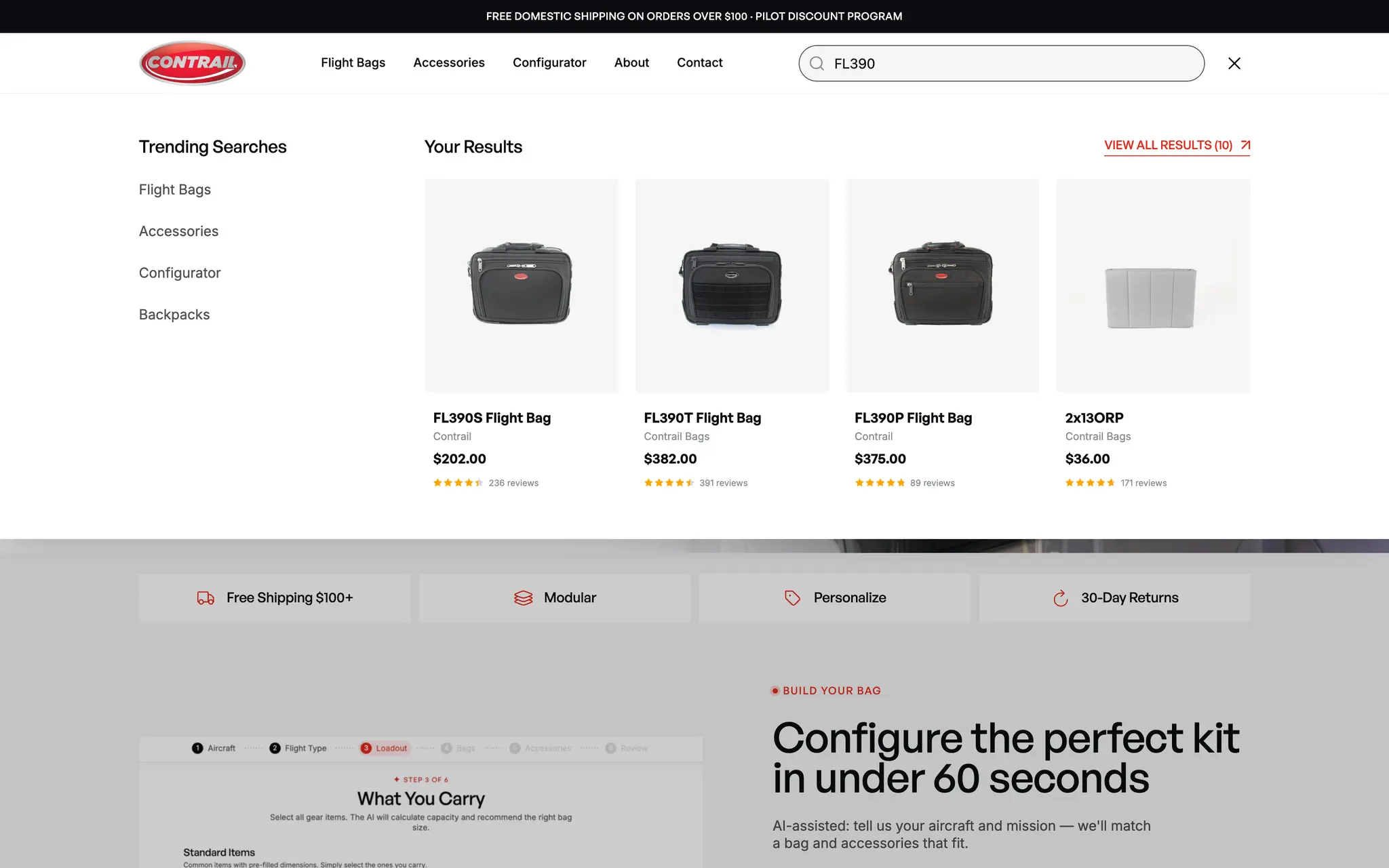Predictive search results for "FL390" on the Contrail Bags store, showing four matching flight bags and accessories with prices and ratings.
