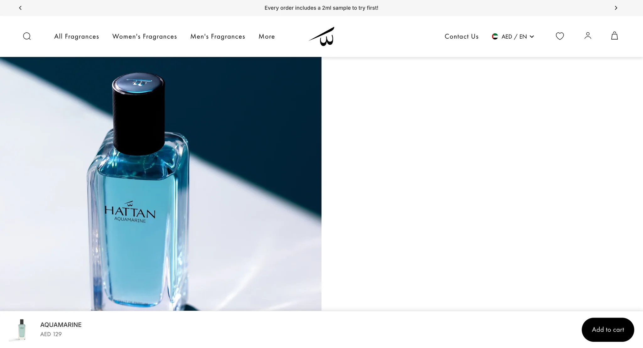 Aquamarine product page scrolled past the buy box, with a close-up of the blue bottle on the left and the sticky add to cart bar along the bottom: a thumbnail, AQUAMARINE, AED 129 and an Add to cart button