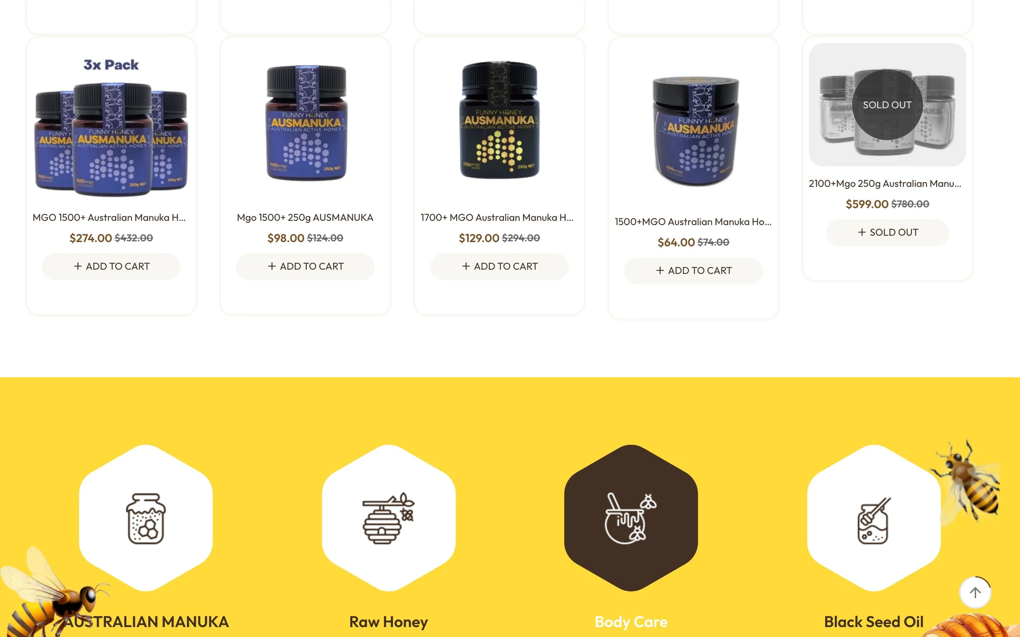 Funny Honey 3x value packs and a sold-out 2100+ MGO pack above hexagon category tiles for Australian Manuka, Raw Honey, Body Care and Black Seed Oil.