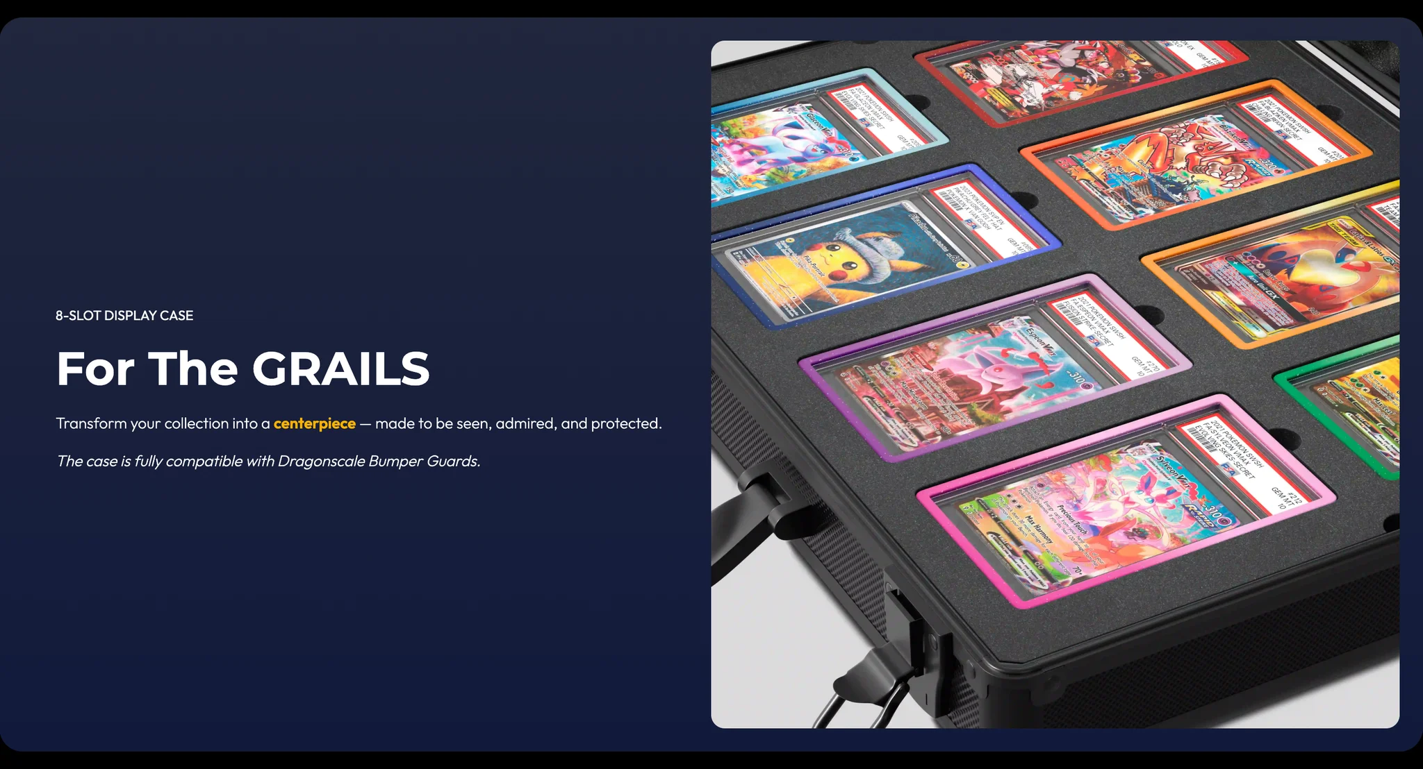 "For The GRAILS" section on the Orochi page: a navy panel with 8-slot display case copy beside a close photo of graded slabs in colourful guards set into black foam
