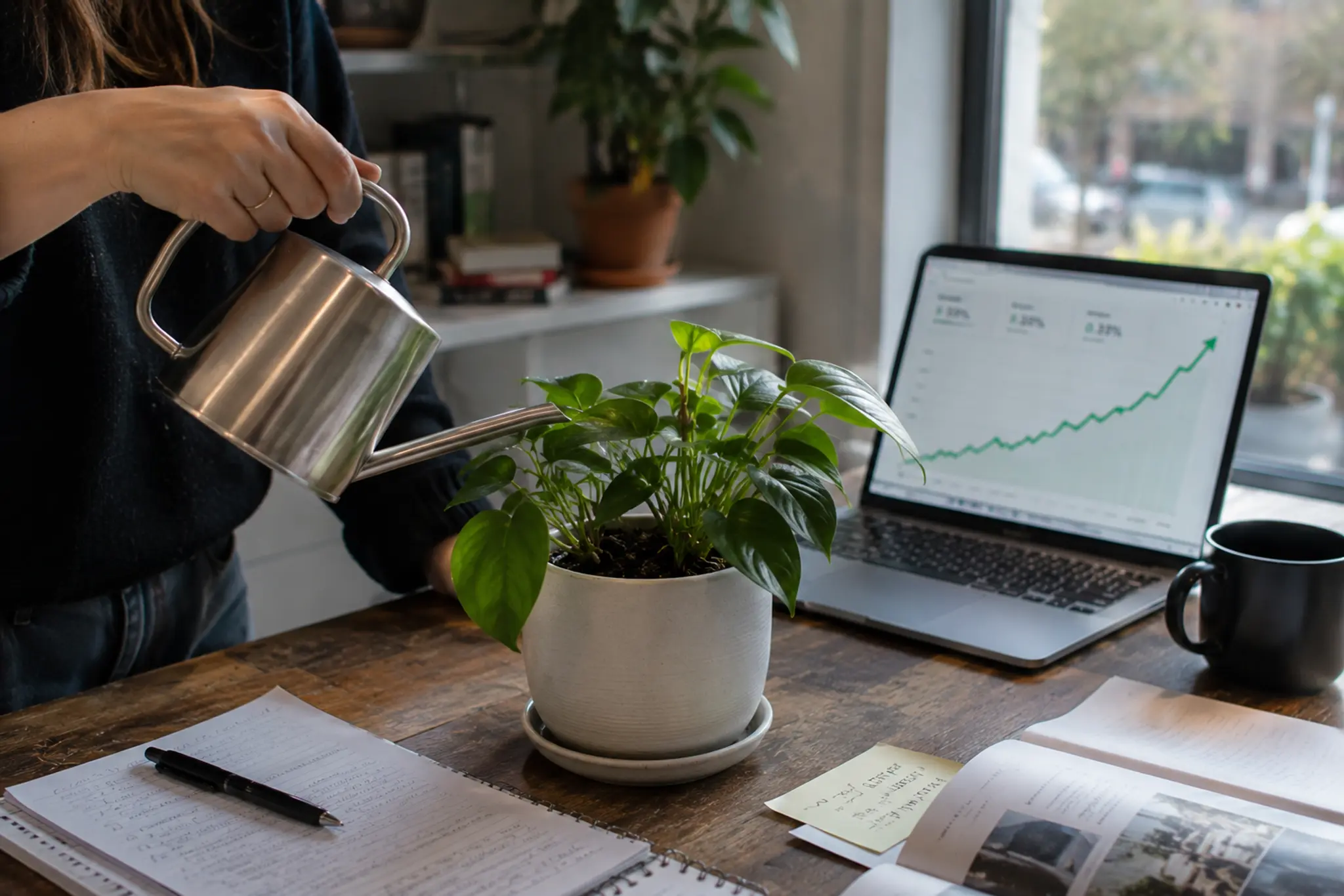SEO compounding like a growing plant on an owned website while paid ads stop when the budget stops