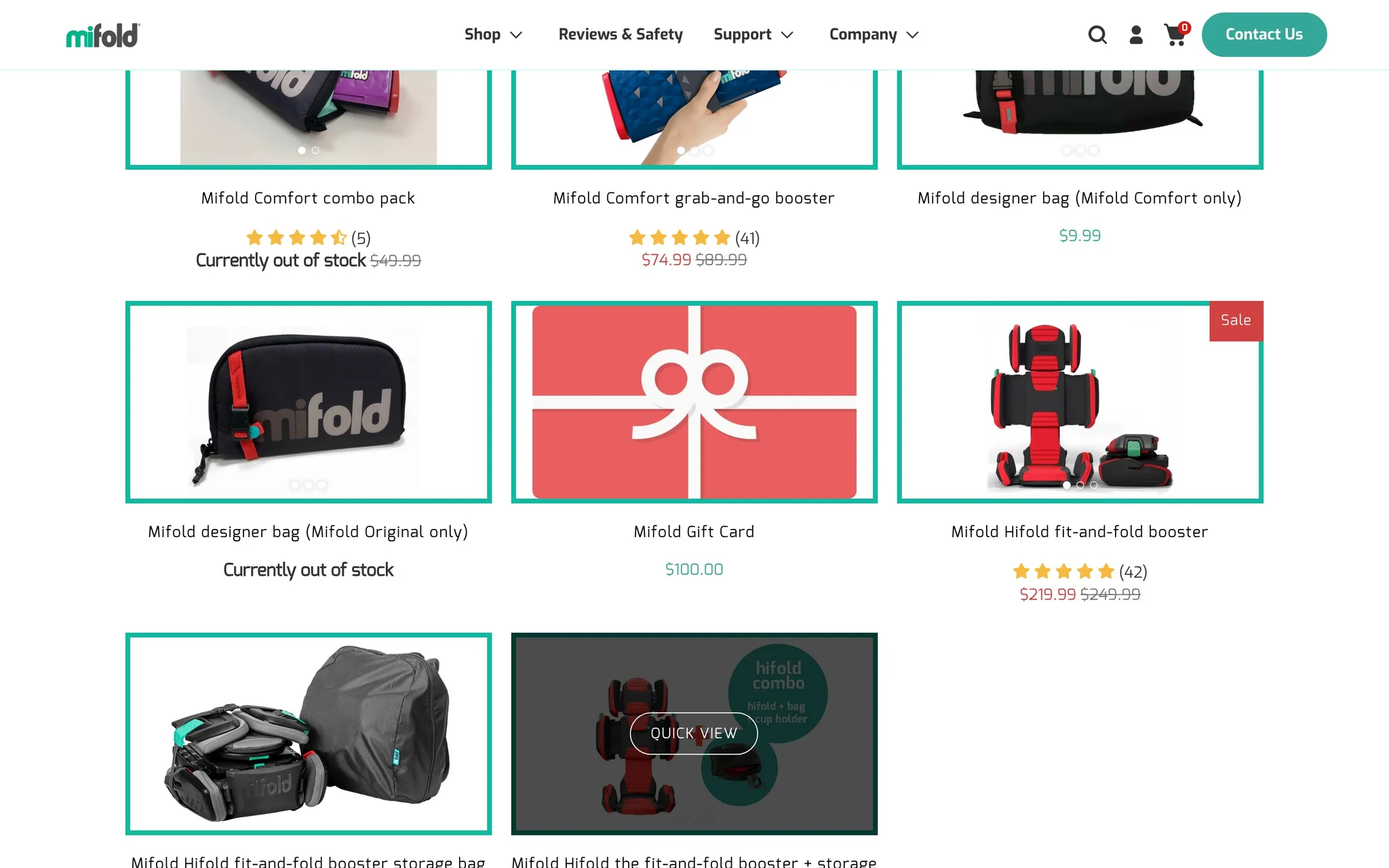 Mifold collection page grid listing boosters, combo packs, designer bags and a gift card with ratings and prices.