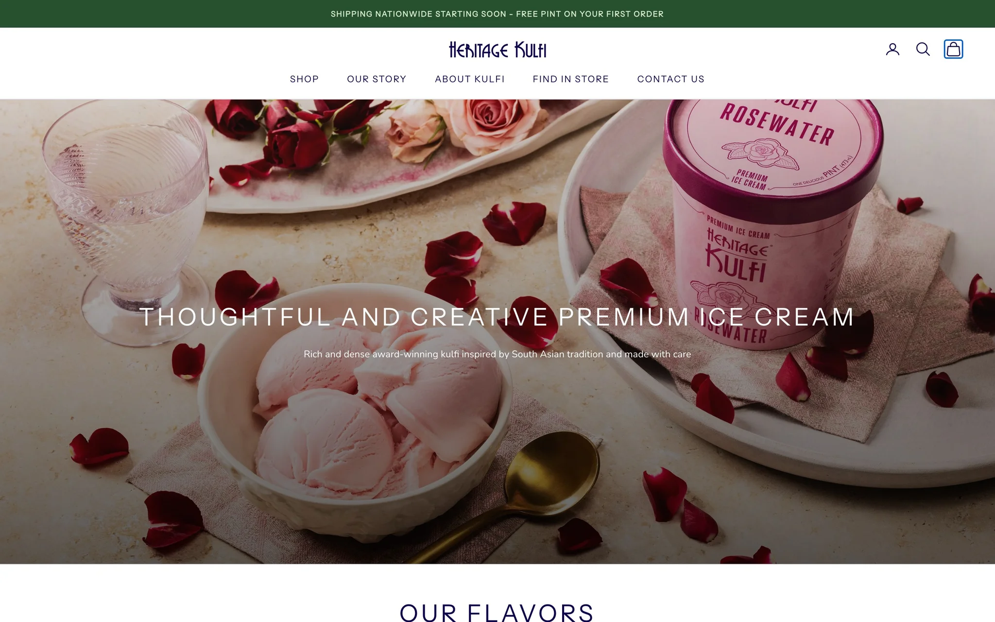Heritage Kulfi homepage hero with a Rosewater kulfi pint, rose petals and the headline Thoughtful and Creative Premium Ice Cream.