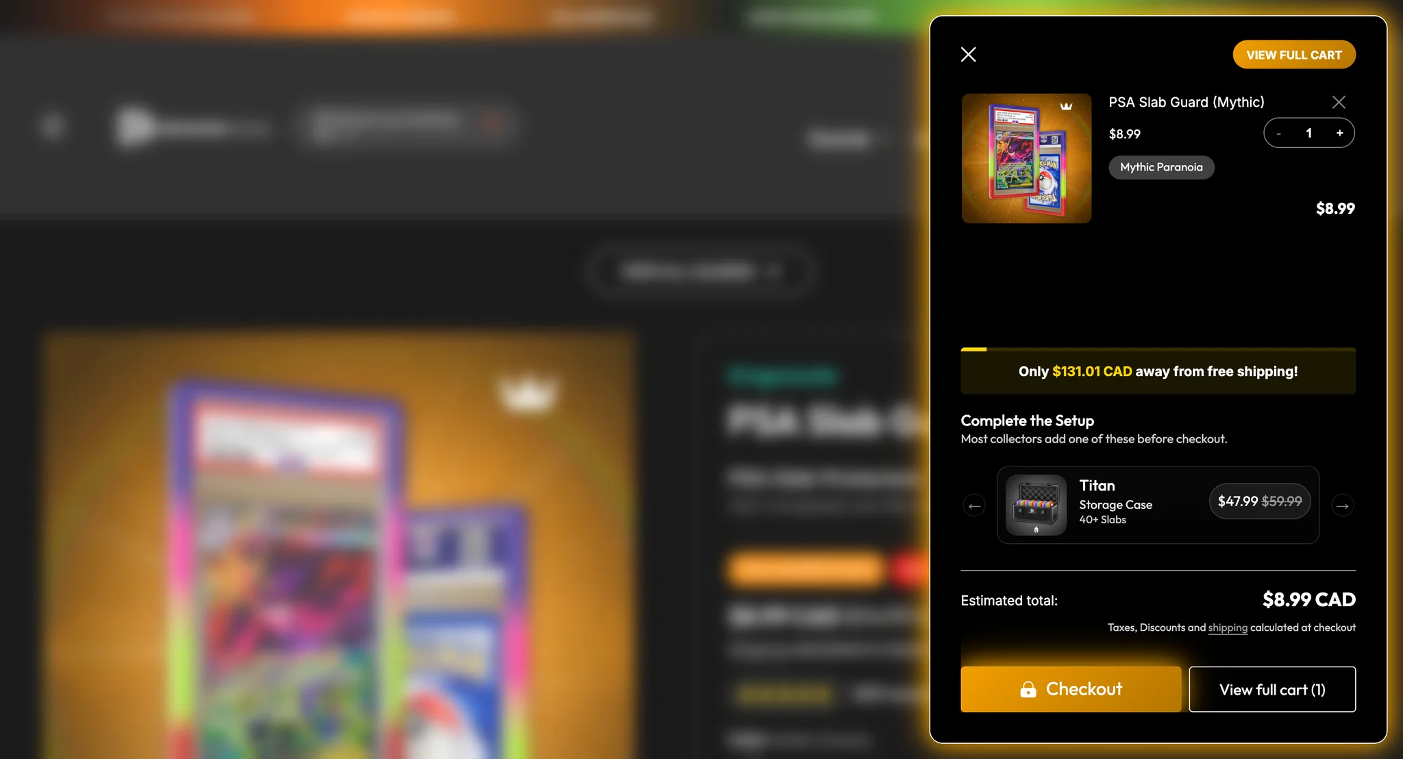 Cart drawer over the blurred Mythic page: one Mythic Paranoia guard at $8.99, a bar reading Only $131.01 CAD away from free shipping, a Complete the Setup suggestion for the Titan case and Checkout and View full cart buttons