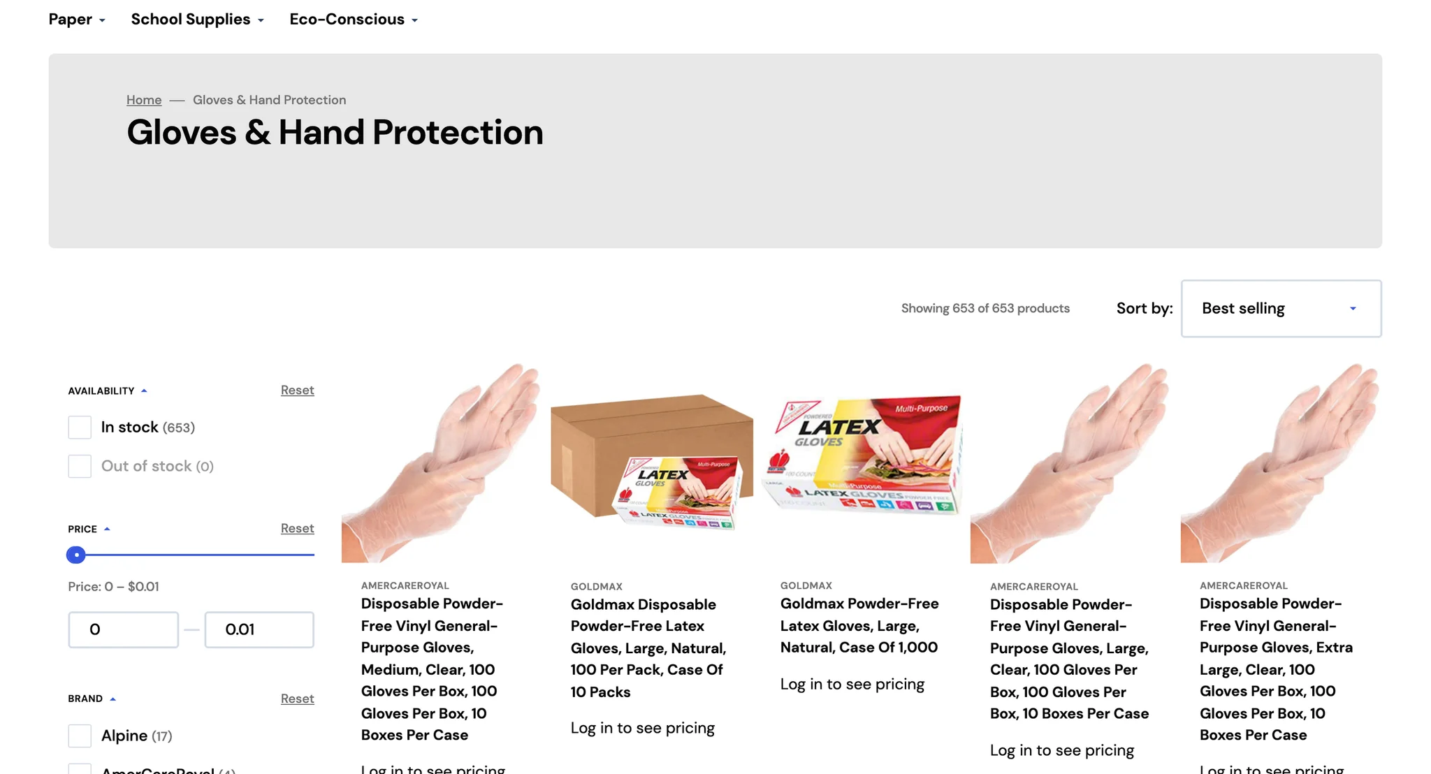 Gloves & Hand Protection collection with brand filters and a grid of disposable vinyl and latex gloves sold by the box and by the case