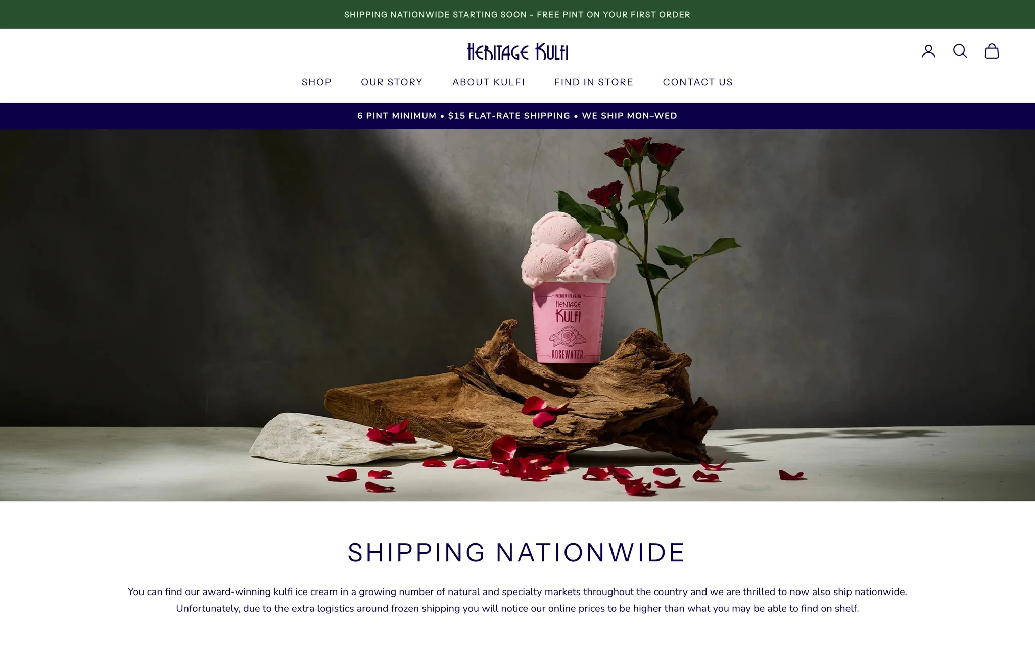 Heritage Kulfi shop page with a Rosewater pint hero and the Shipping Nationwide introduction.