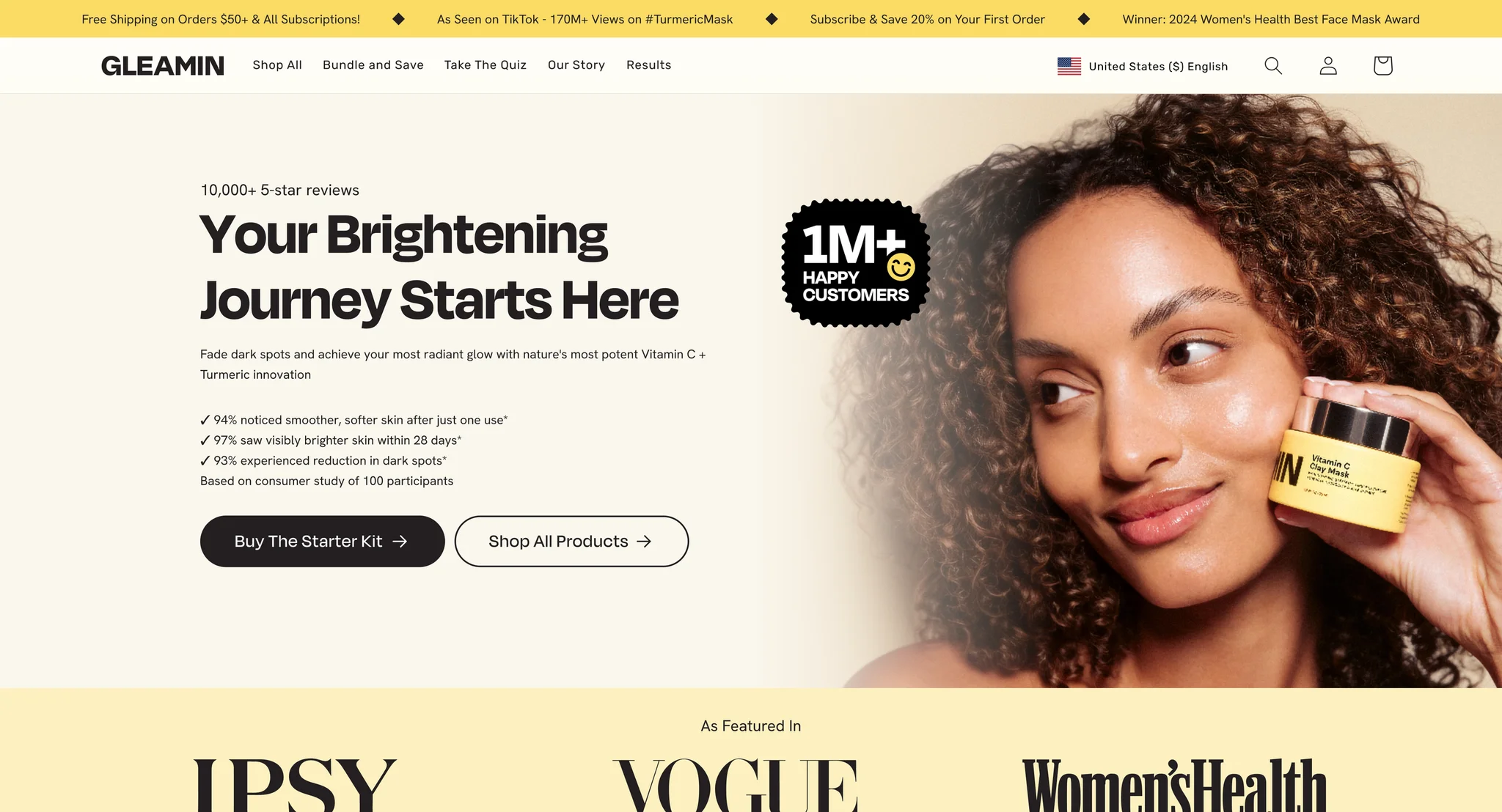 Gleamin homepage hero with the headline "Your Brightening Journey Starts Here", consumer study stats, a "1M+ happy customers" badge and a woman holding the Vitamin C Clay Mask