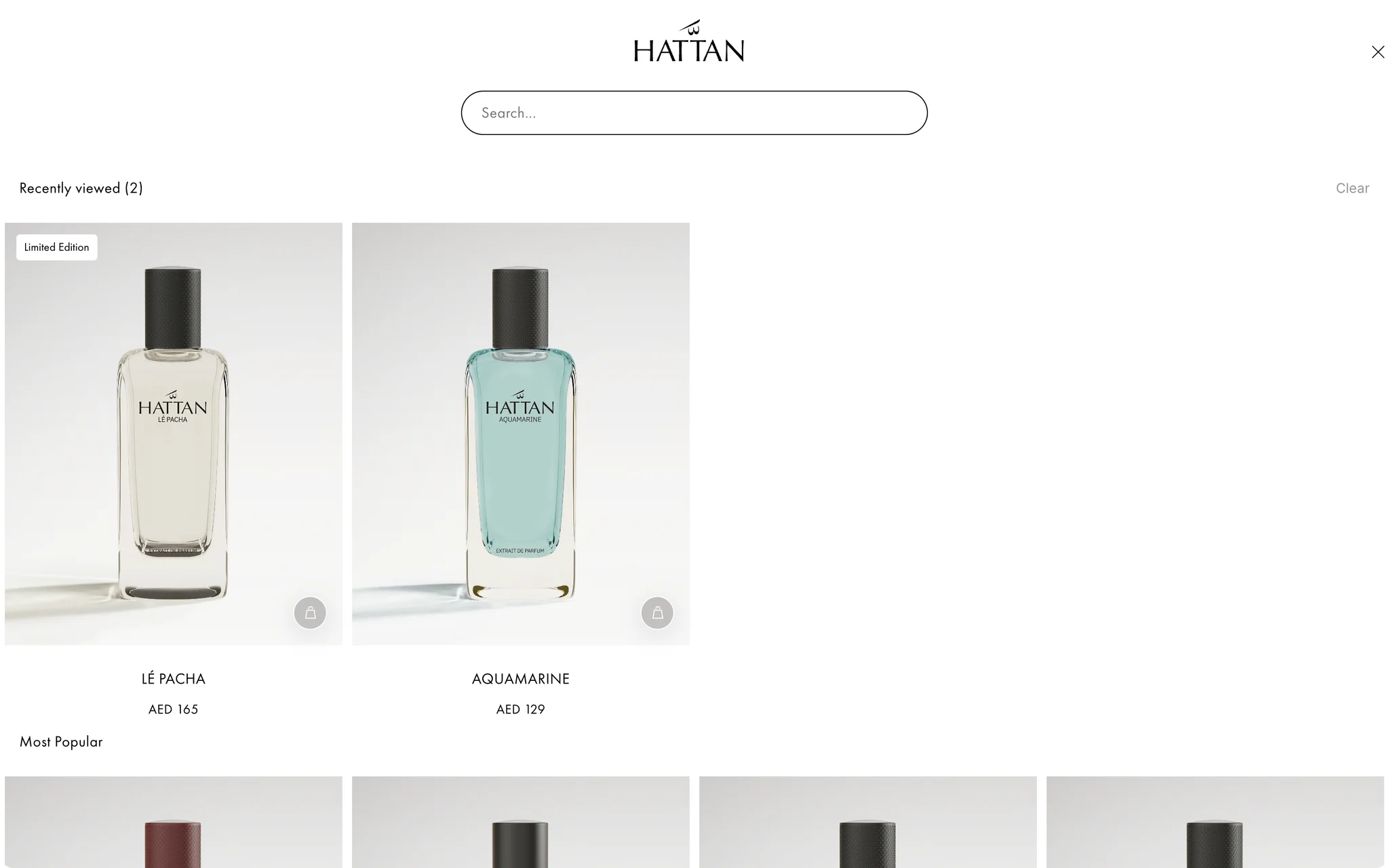 Search overlay with the HATTAN logo above the search field, Recently viewed cards for Lé Pacha and Aquamarine and the start of a Most Popular row
