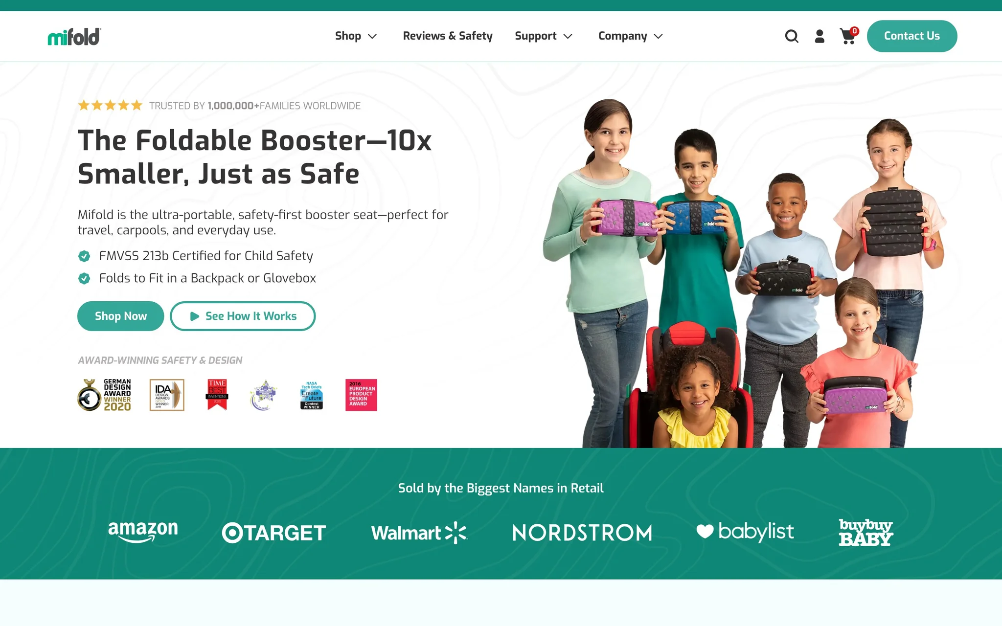 Mifold homepage hero with the foldable booster headline, FMVSS 213b safety points, design award badges and the retailer logo strip.