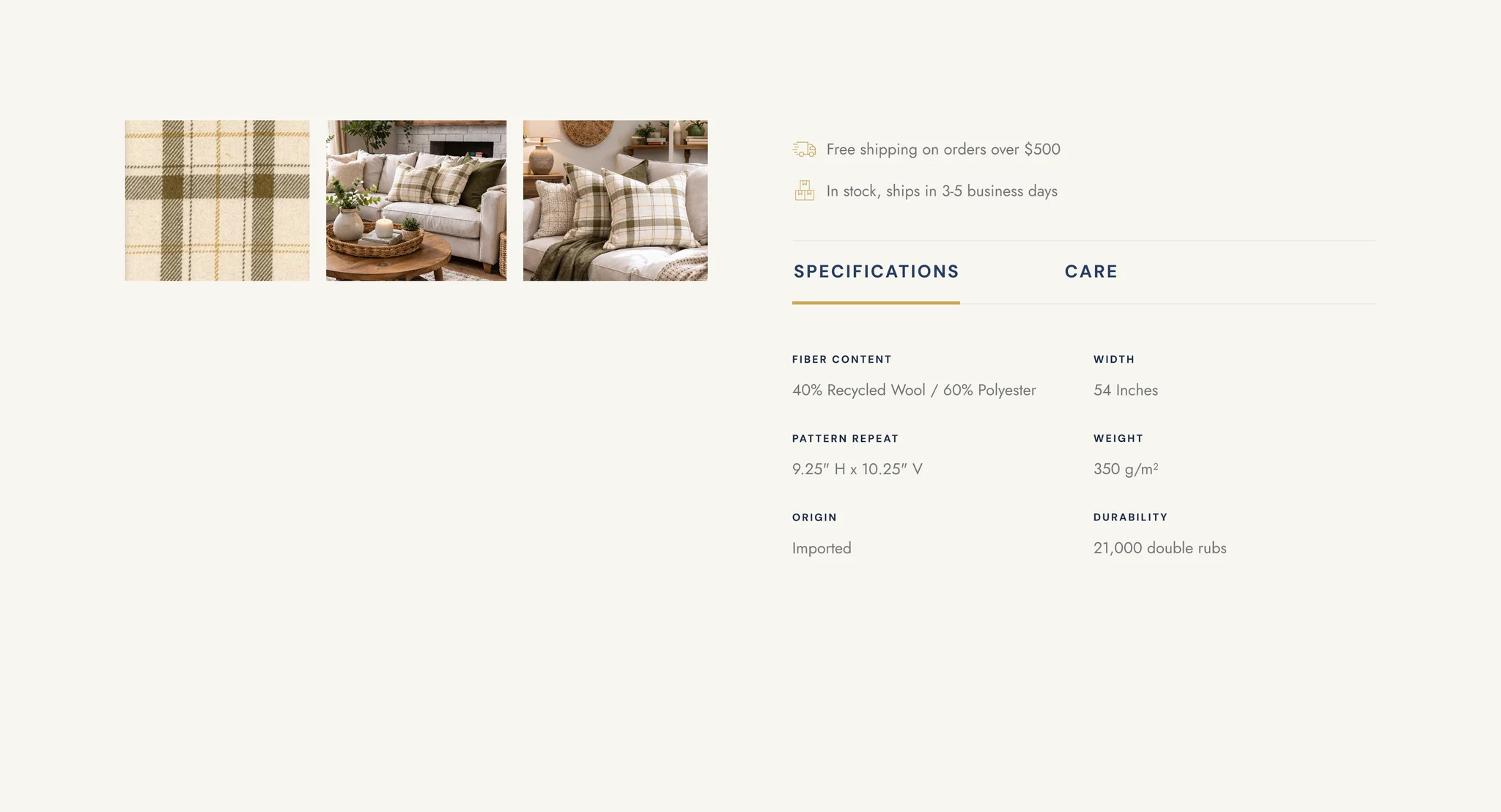 Lower part of the Como Loden product page: gallery thumbnails, shipping and stock notes, and a Specifications tab listing fiber content, width, pattern repeat, weight, origin and double rubs