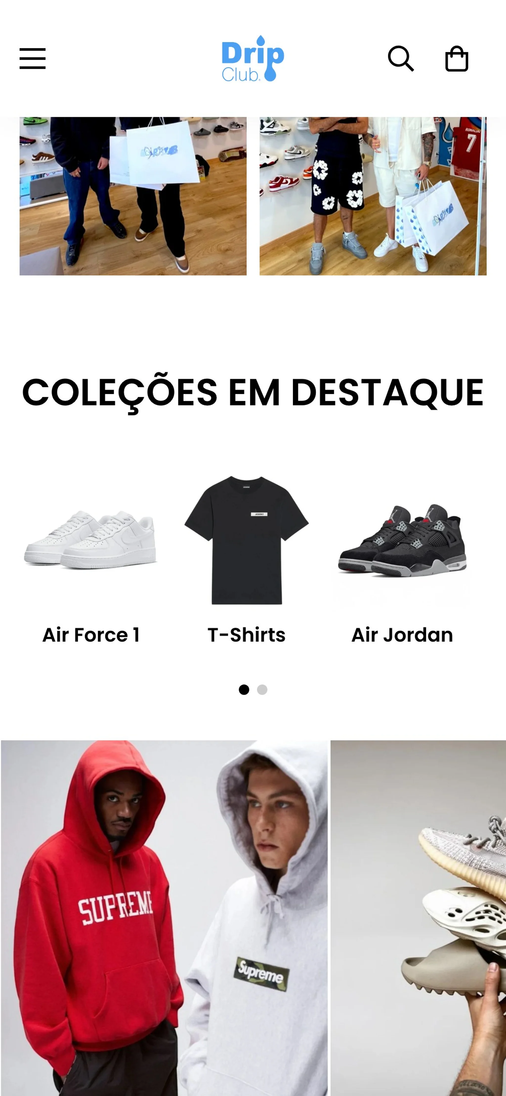 DripClub mobile featured collections slider with Air Force 1, T-shirt and Air Jordan tiles above a Supreme hoodie banner.
