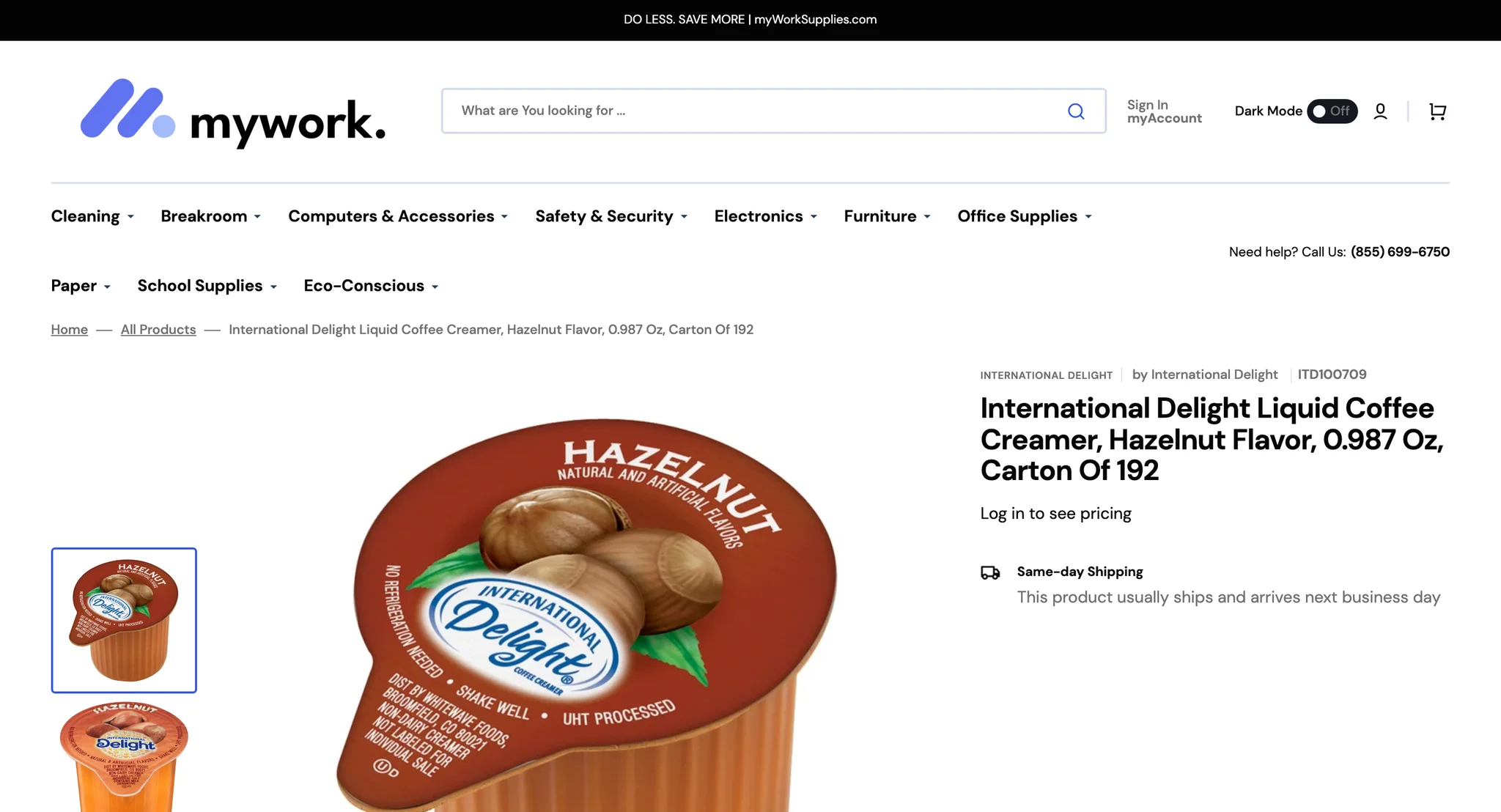 International Delight hazelnut creamer product page, sold as a carton of 192 single-serve cups