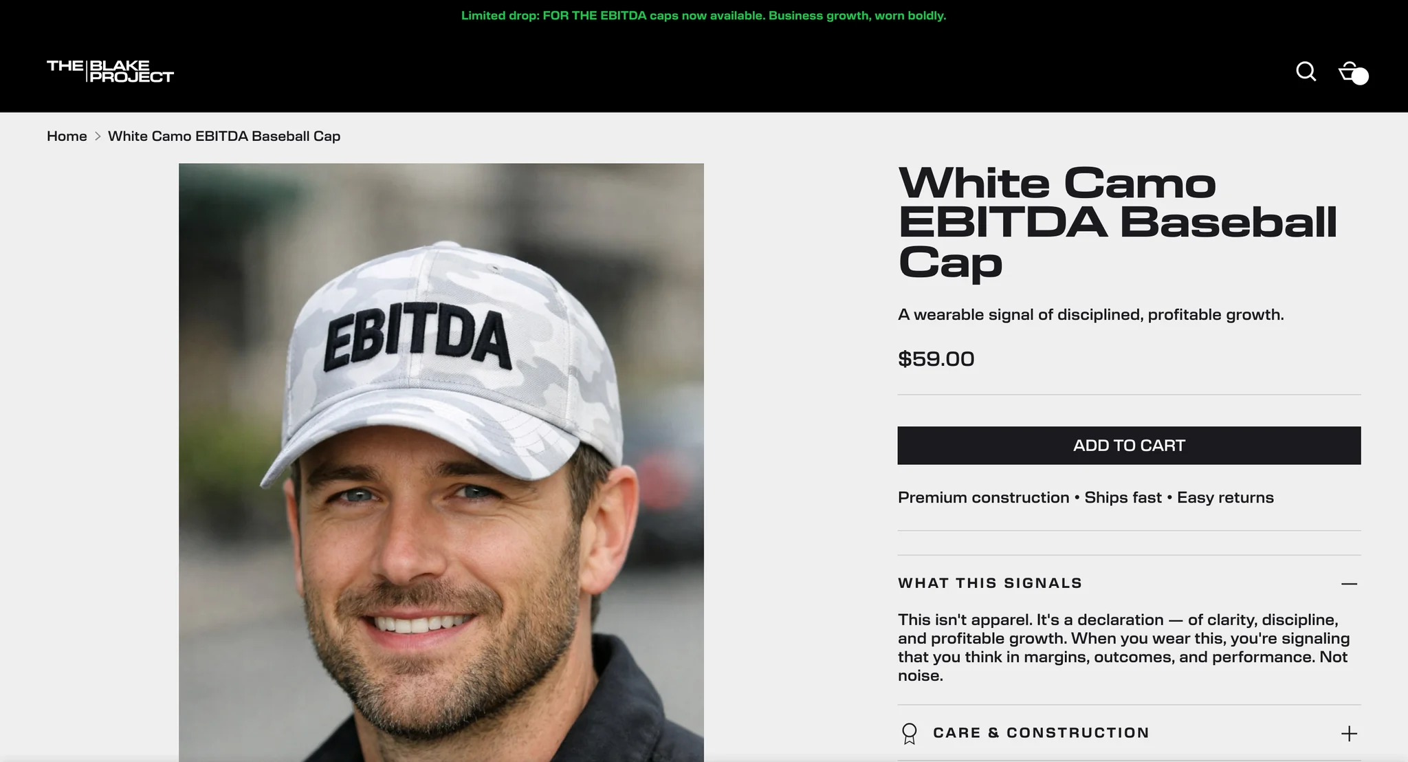 White Camo EBITDA Baseball Cap product page with the photo, $59 price, add to cart button and a "What this signals" panel