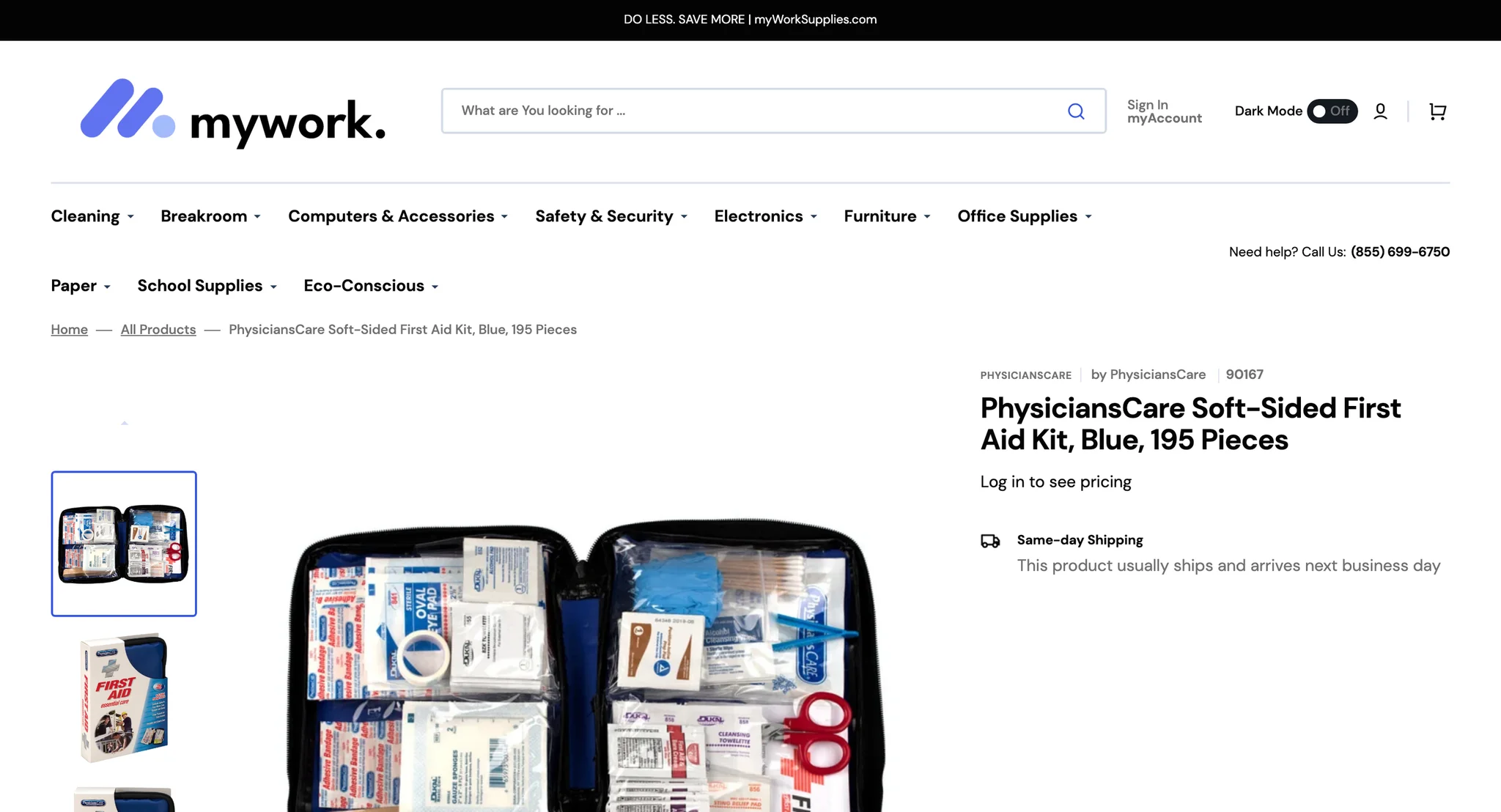 PhysiciansCare first aid kit product page with a gallery, the brand, manufacturer number 90167, "Log in to see pricing" and a same-day shipping note